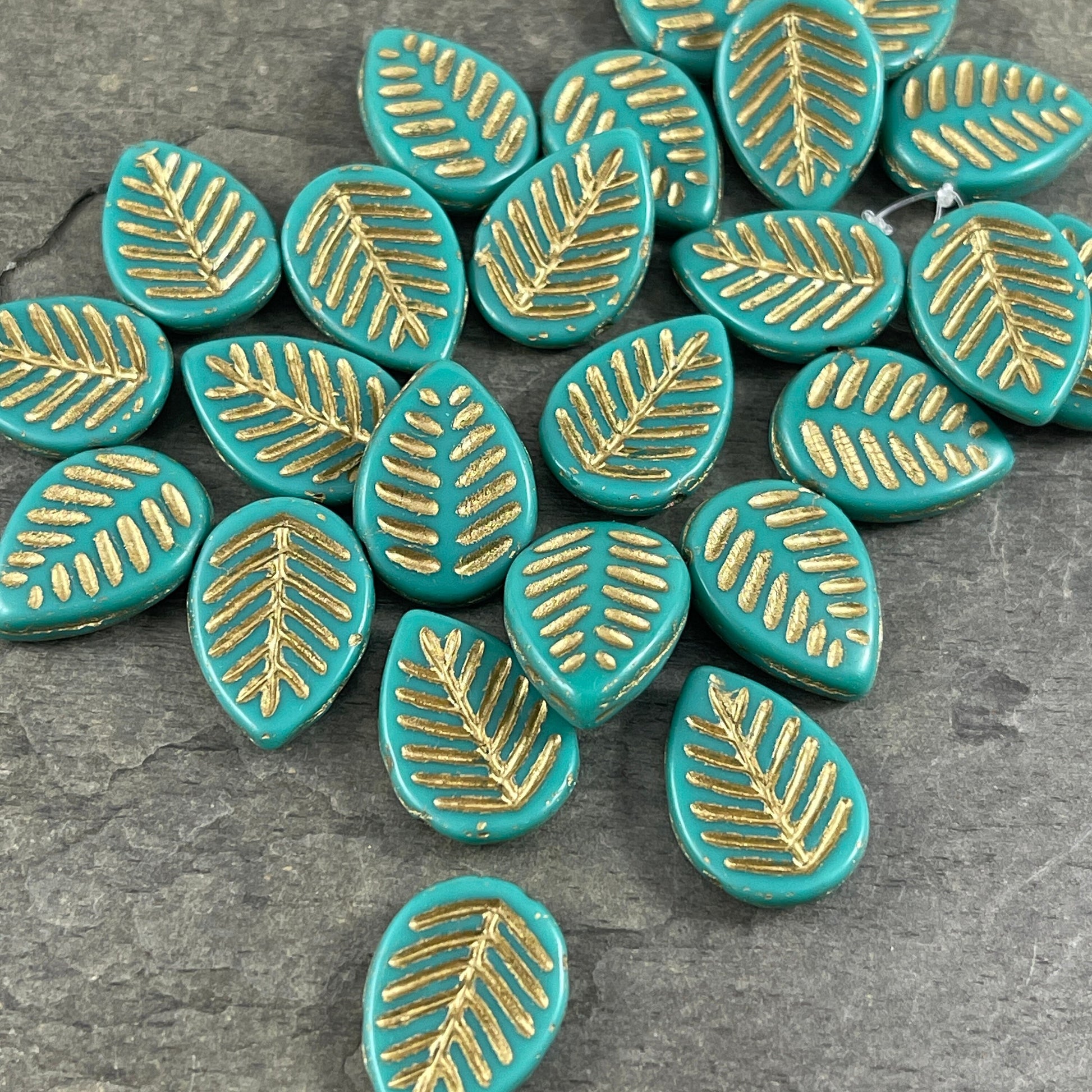 Czech Glass Beads - Briolette Dogwood Leaf Beads, 16x12mm Turquoise Leaf Beads, Opaque Turquoise with Gold Wash (L/N-1022) * Qty. 8