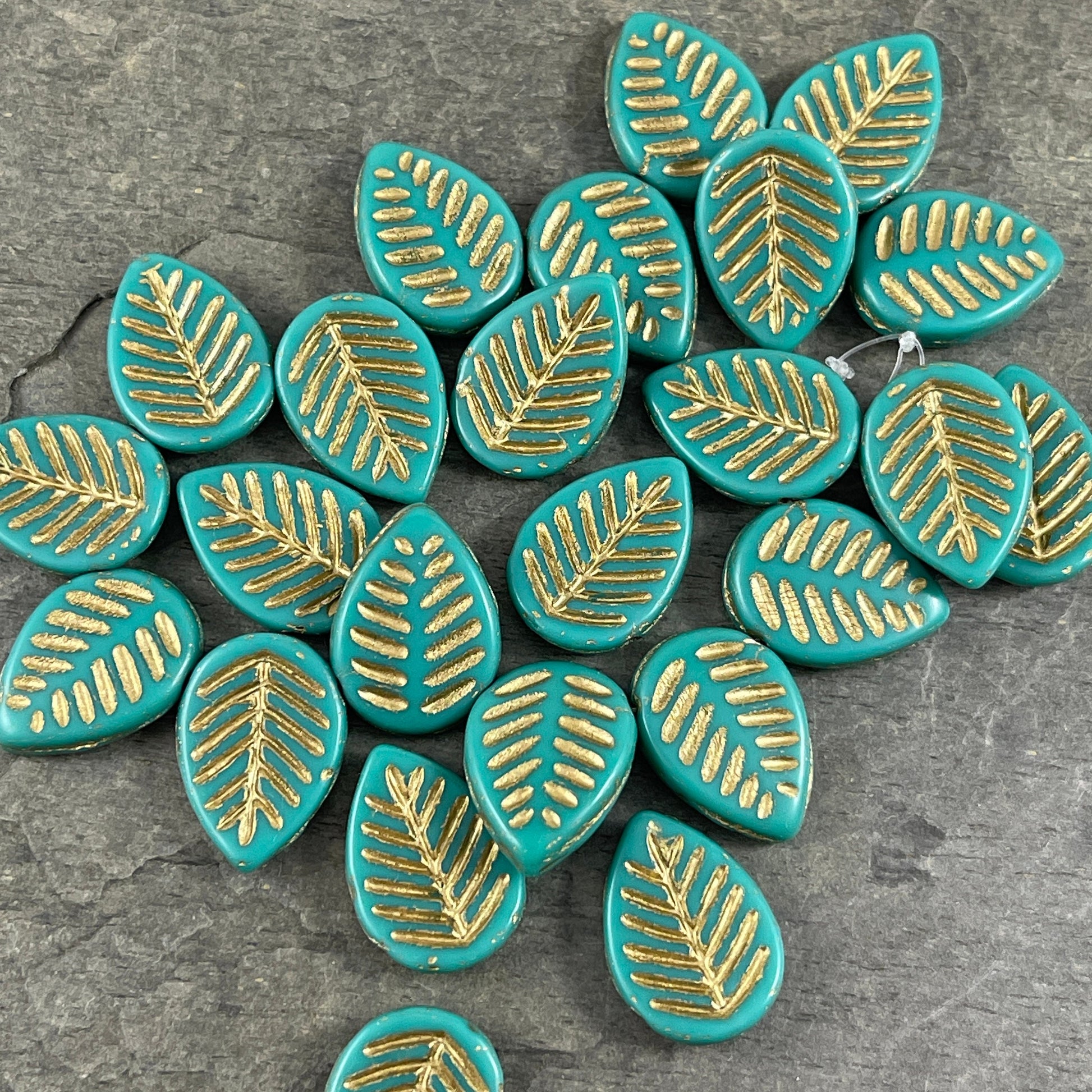 Czech Glass Beads - Briolette Dogwood Leaf Beads, 16x12mm Turquoise Leaf Beads, Opaque Turquoise with Gold Wash (L/N-1022) * Qty. 8