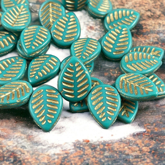 Czech Glass Beads - Briolette Dogwood Leaf Beads, 16x12mm Turquoise Leaf Beads, Opaque Turquoise with Gold Wash (L/N-1022) * Qty. 8