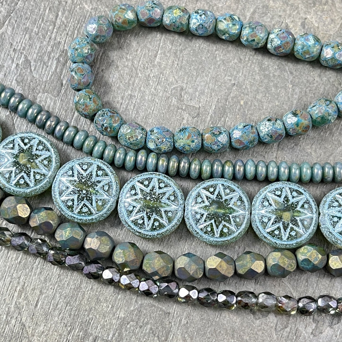 Star of Ishtar - Czech Glass Beads Matte Kiwi Green with a Turquoise Wash Picasso Beads Star of Ishtar Beads (PSOI-41) * Qty. 4