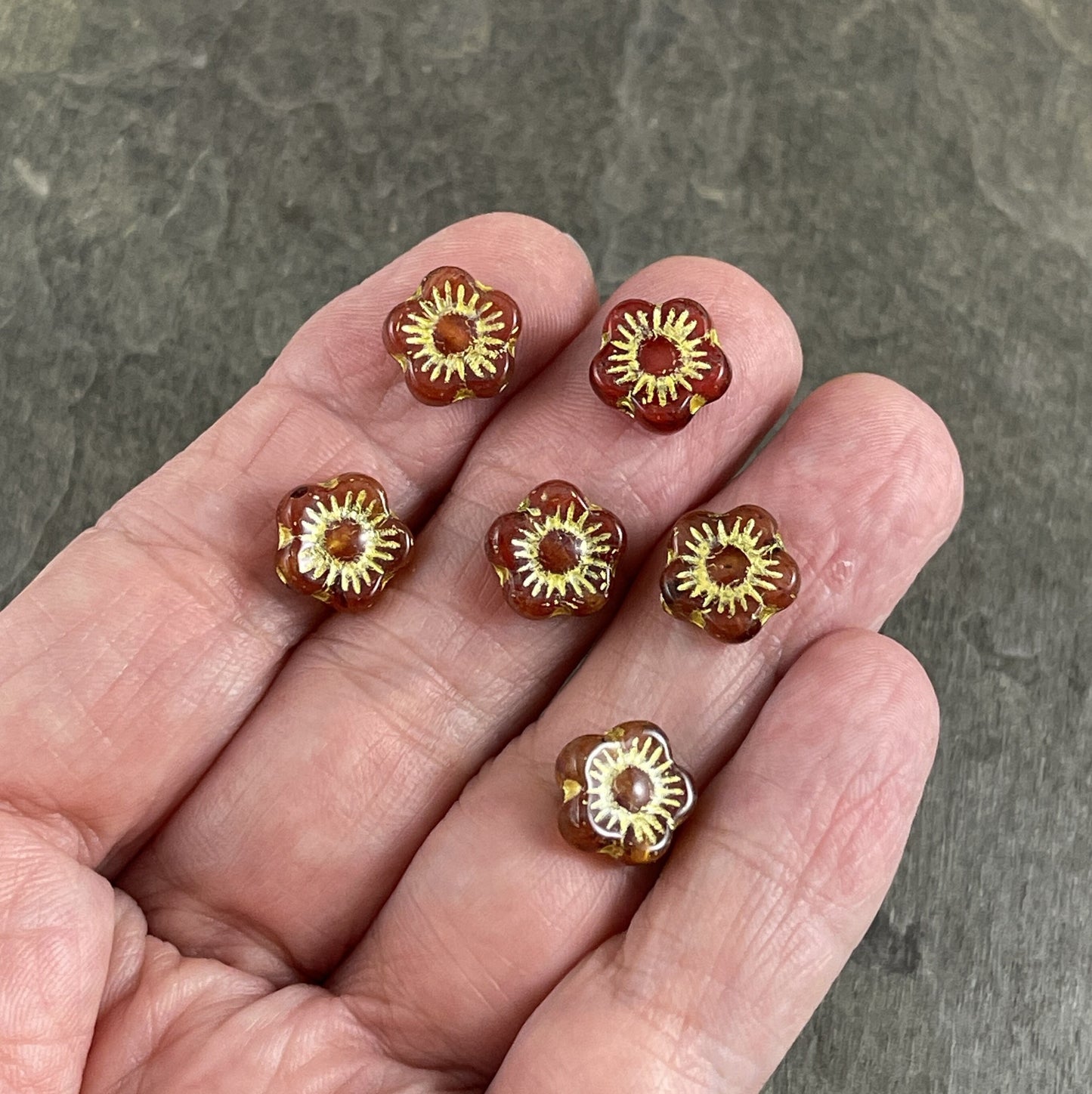 Transparent Reddish Orange Czech Glass Flower Beads 10mm Apple Blossom Flower Bead Czech Glass Beads (AB4) * Qty. 10