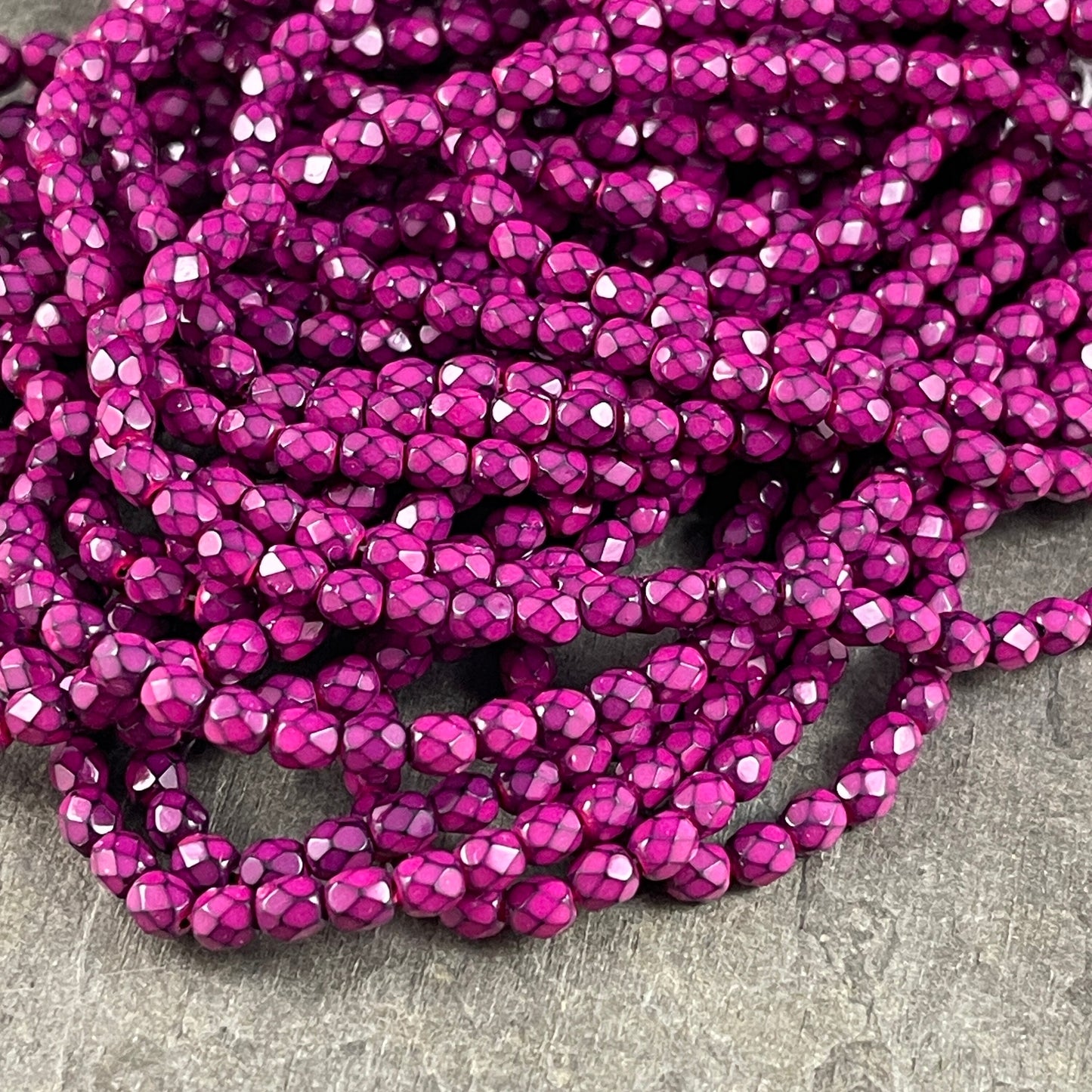 Fuchsia Pink Beads 4mm Czech Glass Faceted Round Beads - Fuchsia and Black Serpentine (FP4/RJ-1839) * Qty. 50