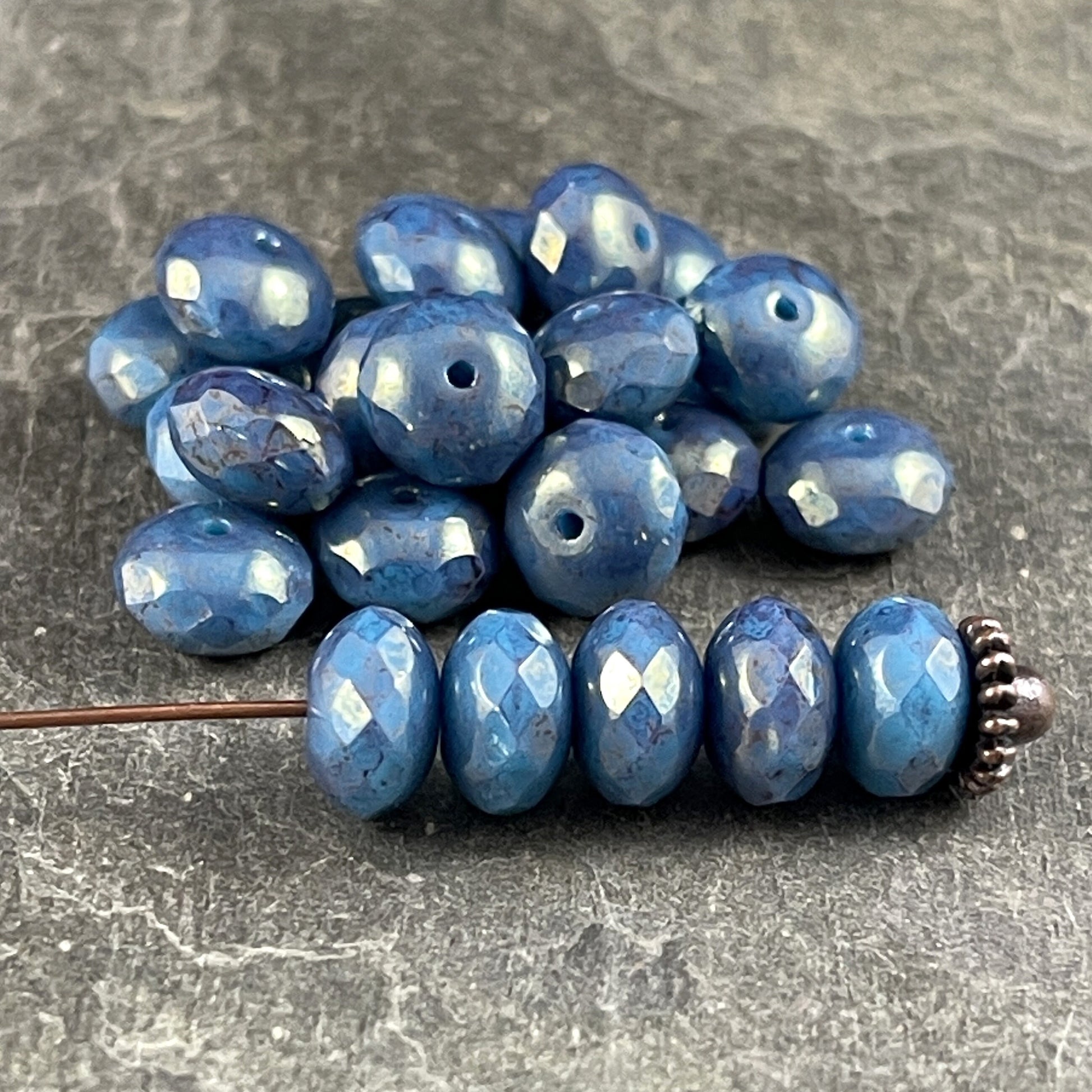 Denim Blue Rondelles 8x6mm Rondelle Czech Glass Beads - Teal Turquoise with Purple Marbled Picasso Finish (R8/RJ-2731) *