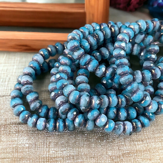 Czech Glass Beads - 5x3mm Faceted Rondelle, Larimar Blue with Vaseline Silk and Purple Bronze Picasso (R5/RJ-2684) * Qty. 30