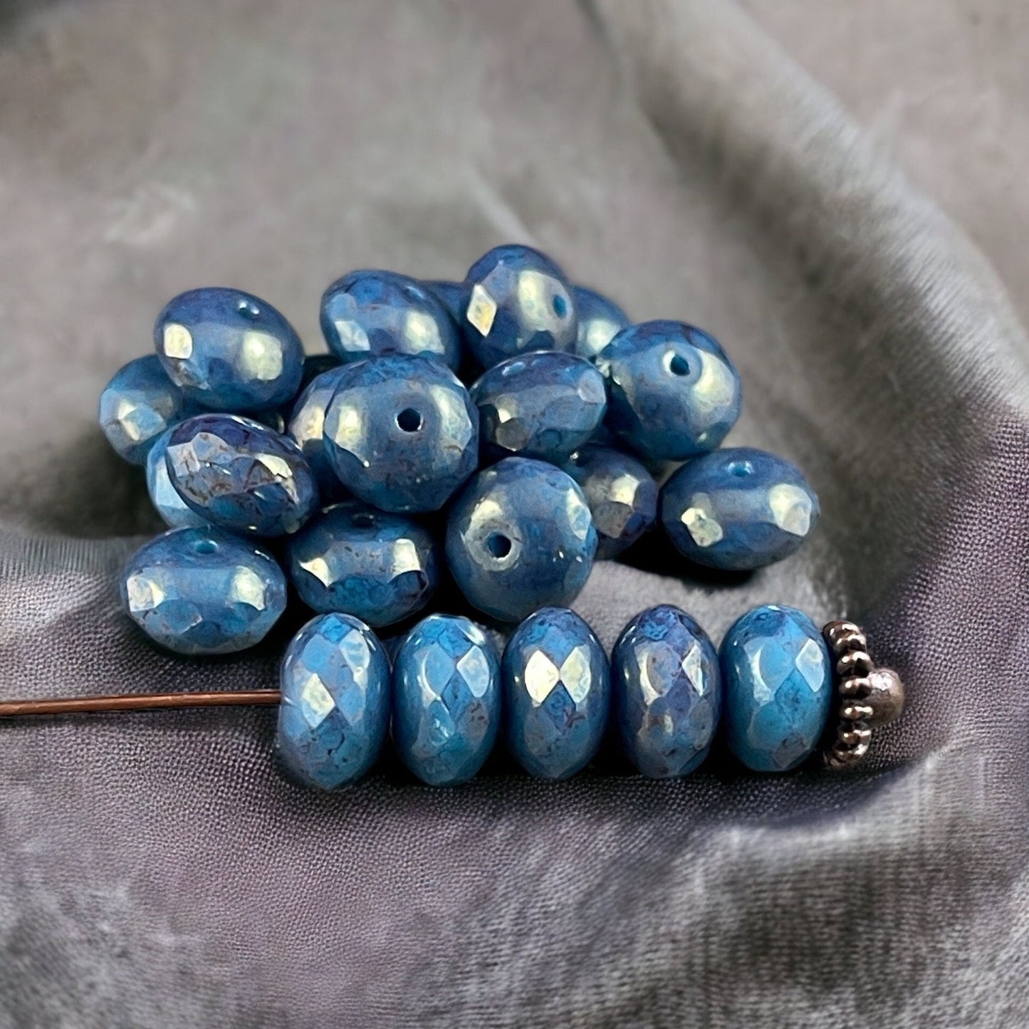 Denim Blue Rondelles 8x6mm Rondelle Czech Glass Beads - Teal Turquoise with Purple Marbled Picasso Finish (R8/RJ-2731) *