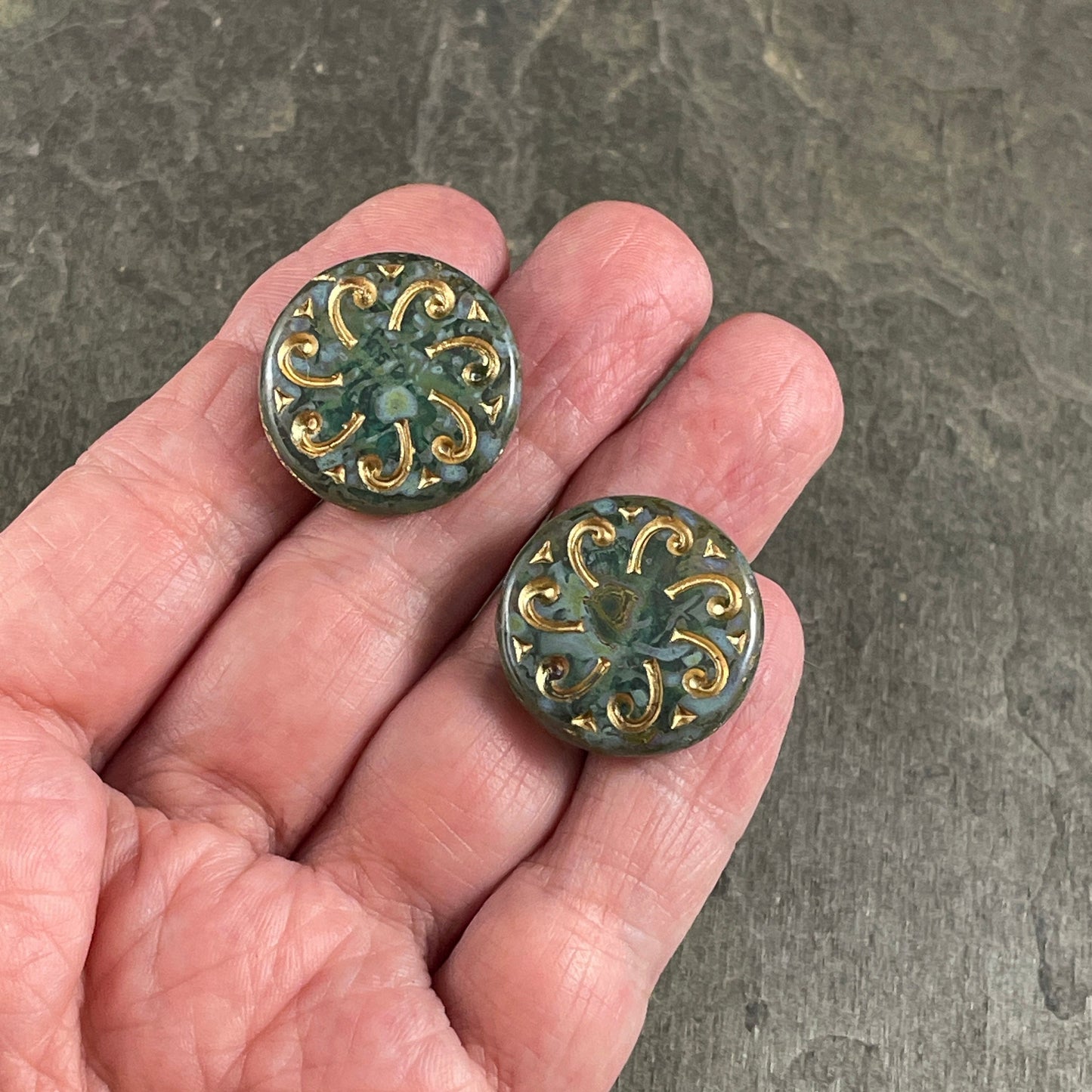 Czech Glass Beads - 23mm Sun Wheel Coin, Transparent Aqua Picasso with Gold Wash (C23/RJ-4779) *