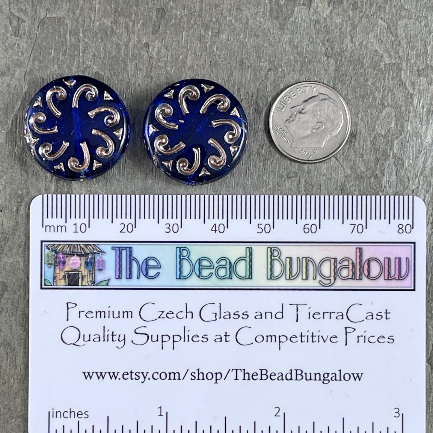Czech Glass Beads - 23mm Sun Coin, Transparent Cobalt Blue with Platinum Wash (C23/RJ-4785) *