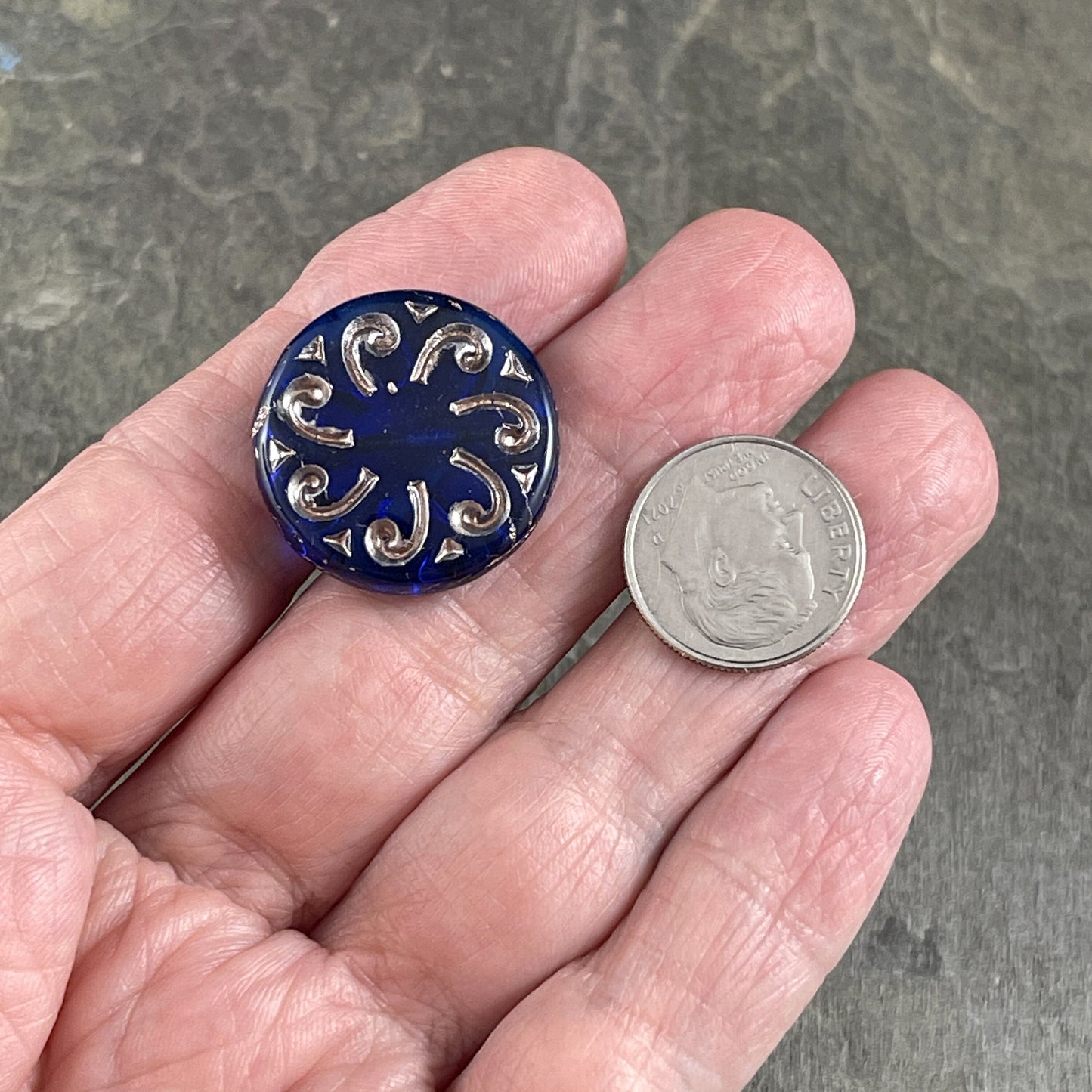 Czech Glass Beads - 23mm Sun Coin, Transparent Cobalt Blue with Platinum Wash (C23/RJ-4785) *