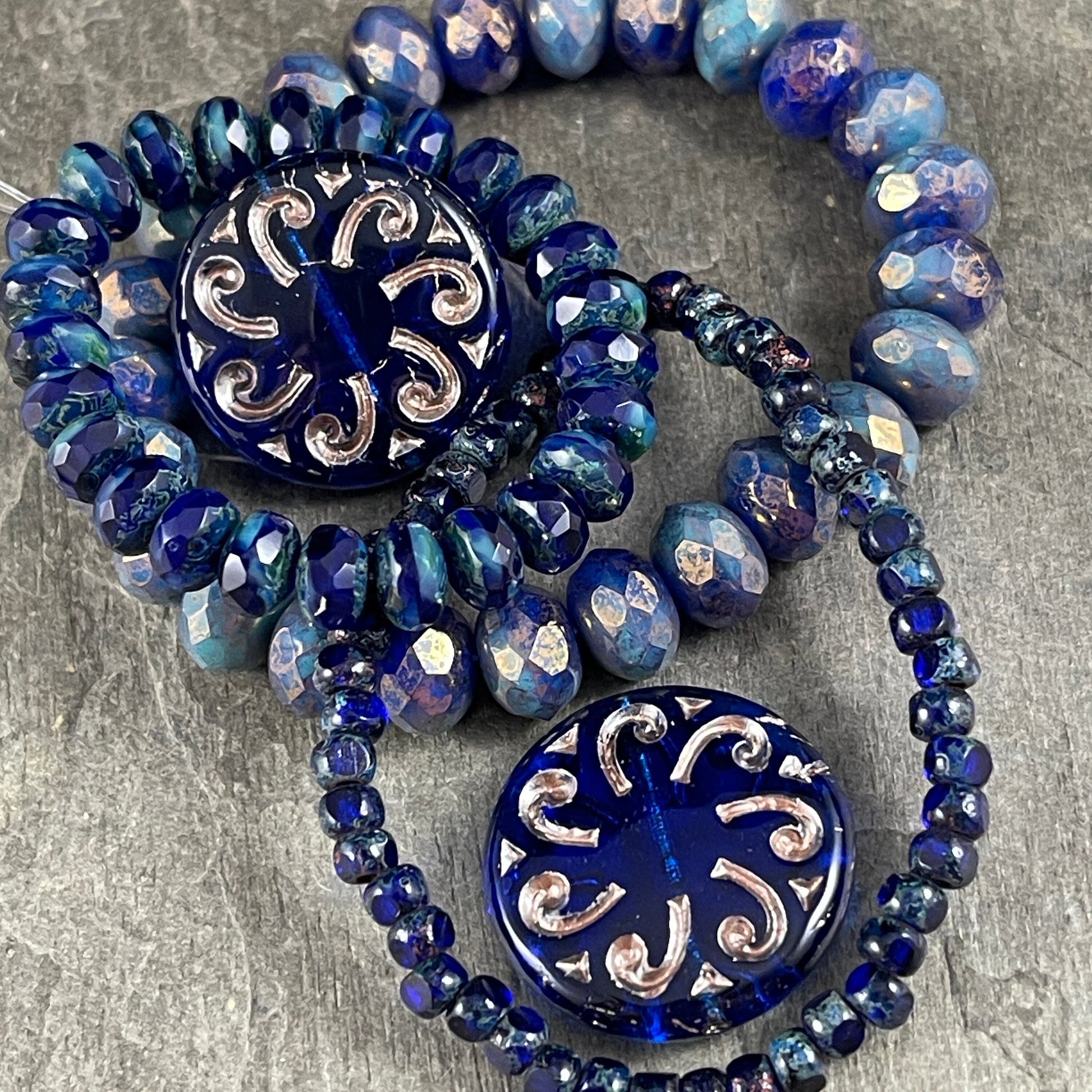 Sun Coin ~ 23mm Czech Glass Beads ~ Transparent Cobalt Blue with Platinum Wash ~ Focal Bead ~ Pendant Bead (C23/RJ-4785) *