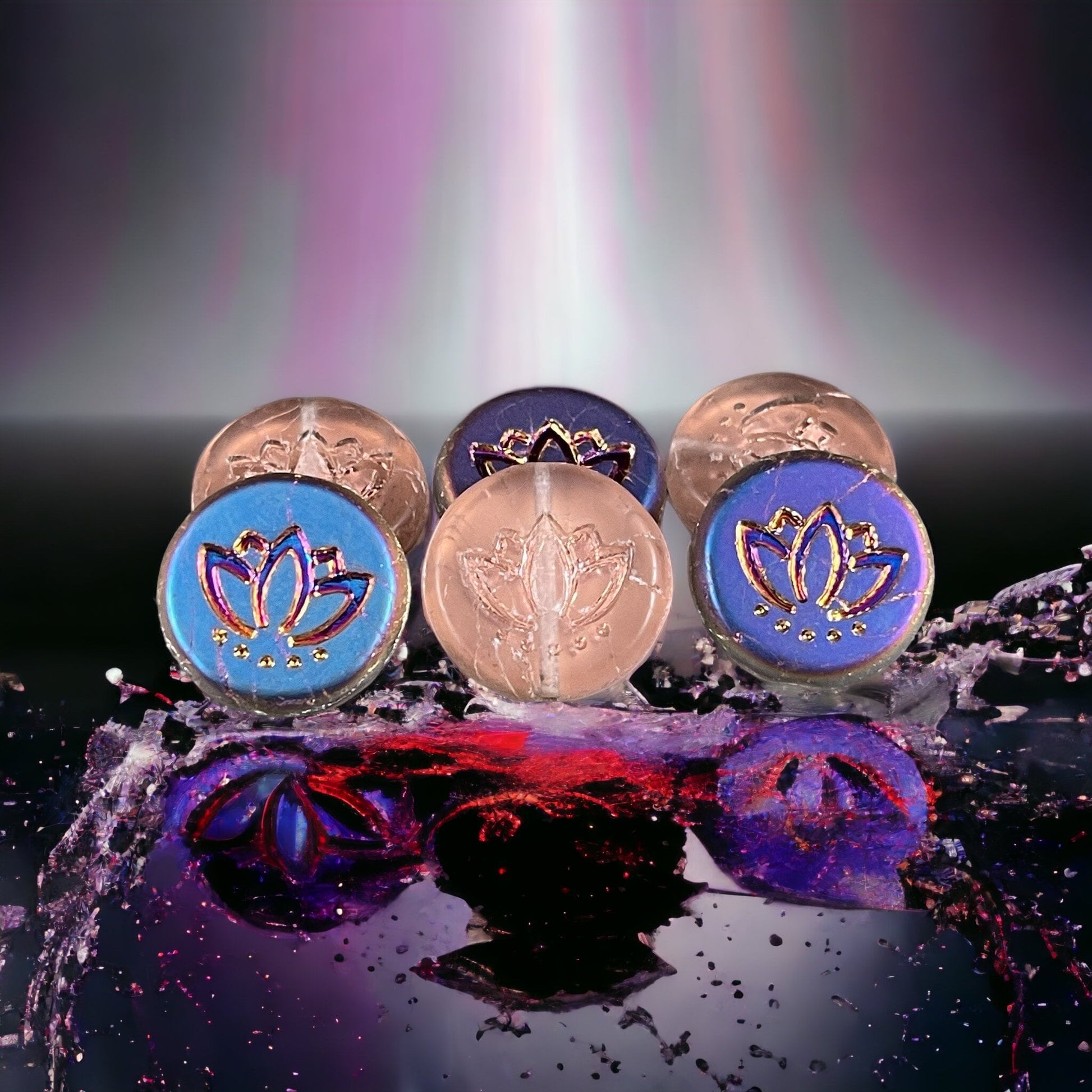Czech Glass Beads - 14mm Lotus Coin Bead, Pink with Purple/Orange Iridescent Finish (RJ-4047) * Qty. 6