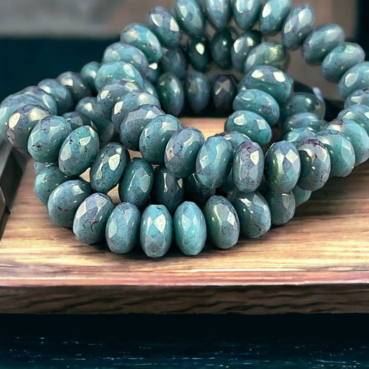 Czech Glass Beads - Denim Blue 7x5mm Rondelle, Turquoise Blue with Purple Marbled Picasso (R7/RJ-2757) * Qty. 25