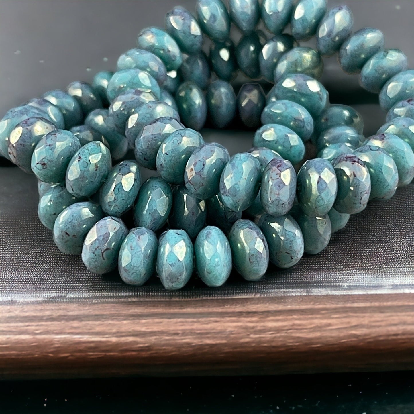 Czech Glass Beads - Denim Blue 7x5mm Rondelle, Turquoise Blue with Purple Marbled Picasso (R7/RJ-2757) * Qty. 25