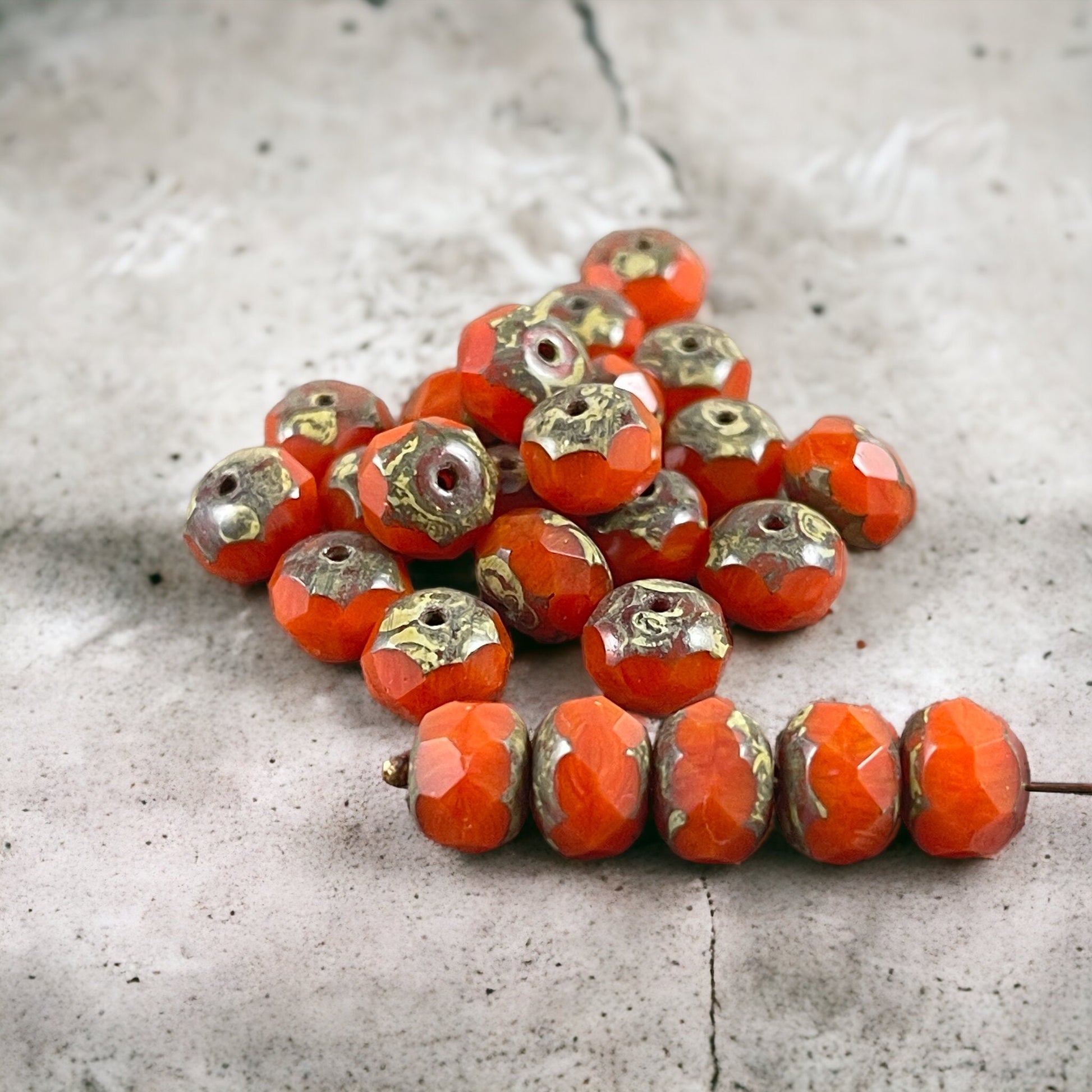 Czech Glass Beads - 8x6mm Faceted Rondelle, Opaque Real Orange Picasso Beads (R8/RJ-2211) * 25 Beads