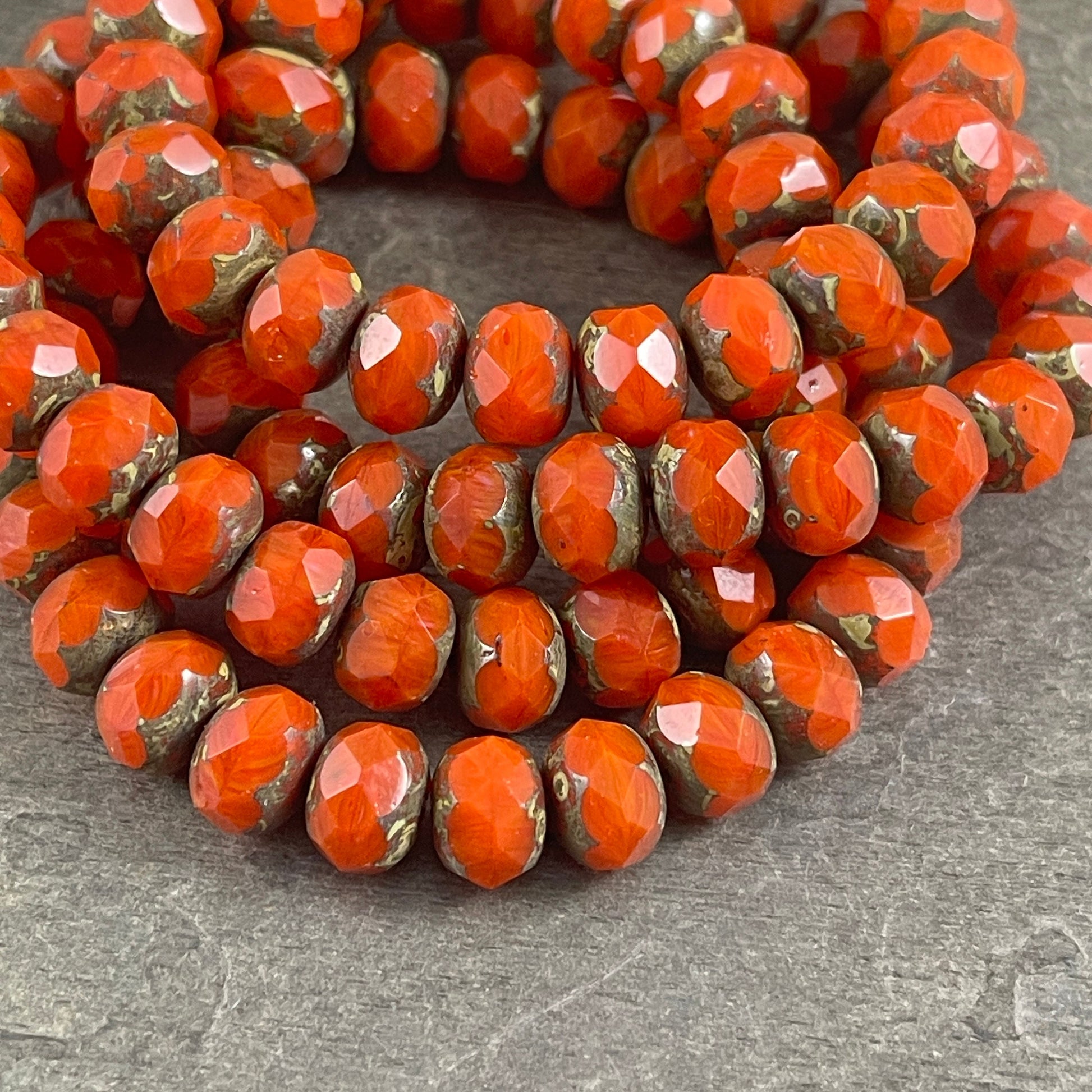 Czech Glass Beads - 8x6mm Faceted Rondelle, Opaque Real Orange Picasso Beads (R8/RJ-2211) * 25 Beads