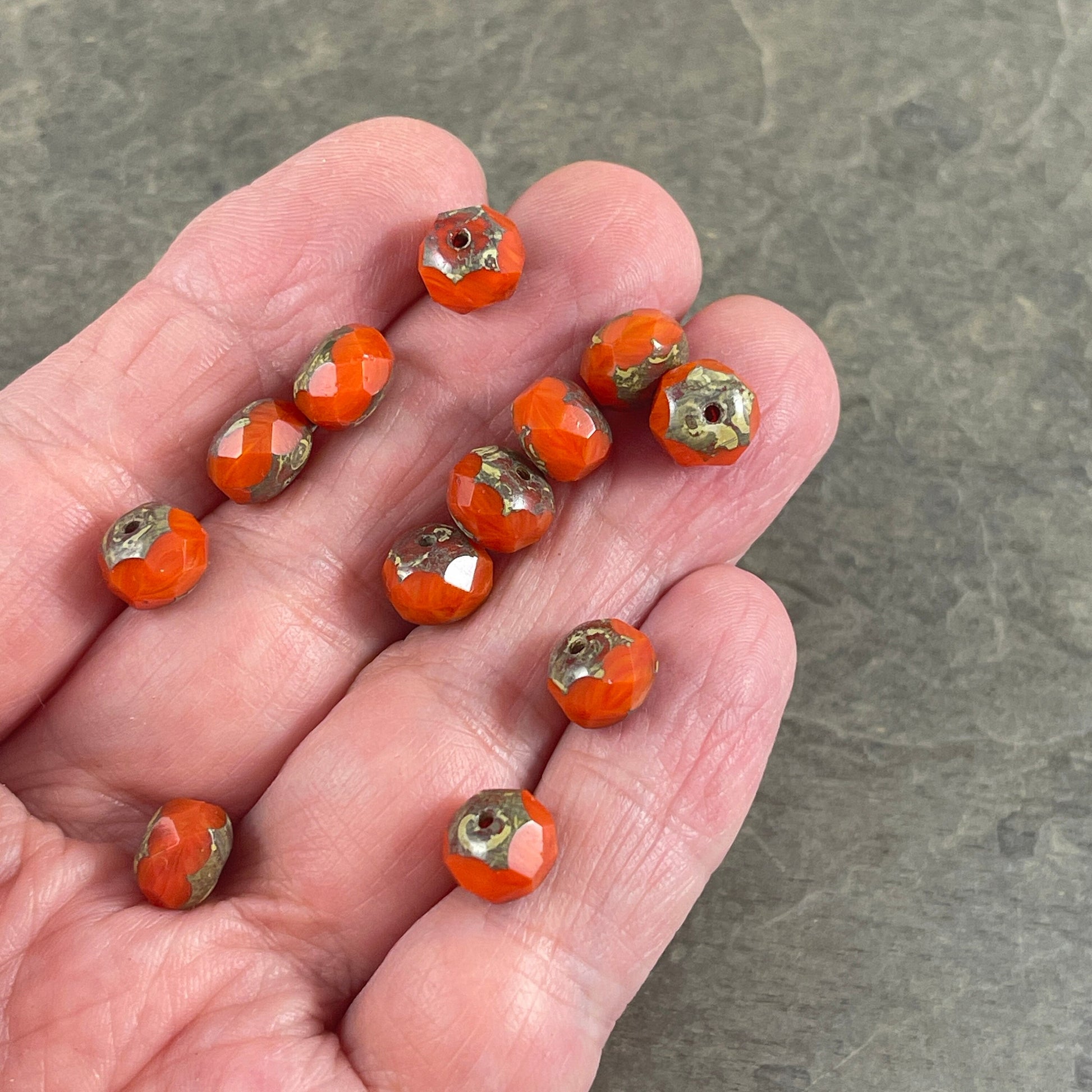 Czech Glass Beads - 8x6mm Faceted Rondelle, Opaque Real Orange Picasso Beads (R8/RJ-2211) * 25 Beads