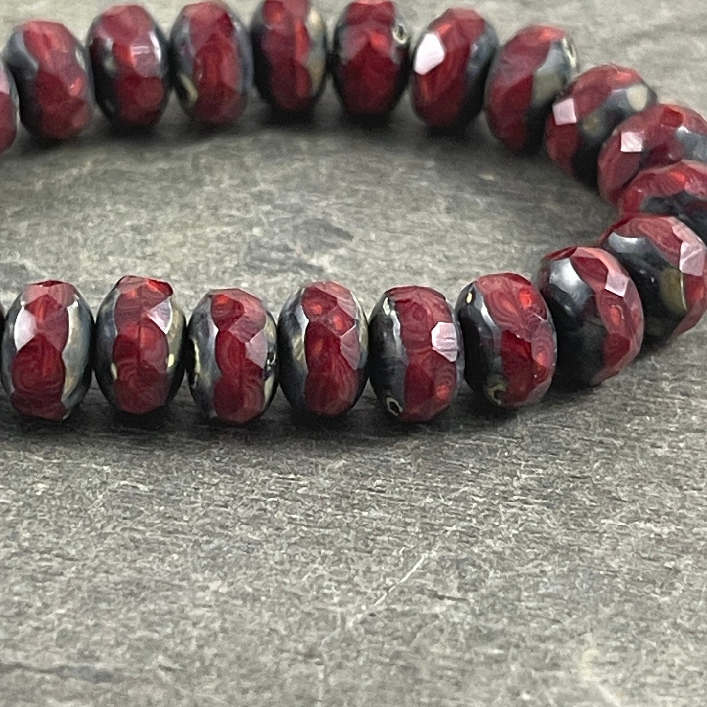 Opaque Dark Red Picasso Rondelle 7x5mm Rondelle Red Opaline Czech Glass Beads with Travertine Picasso (R7/RJ-2759) * Qty. 25