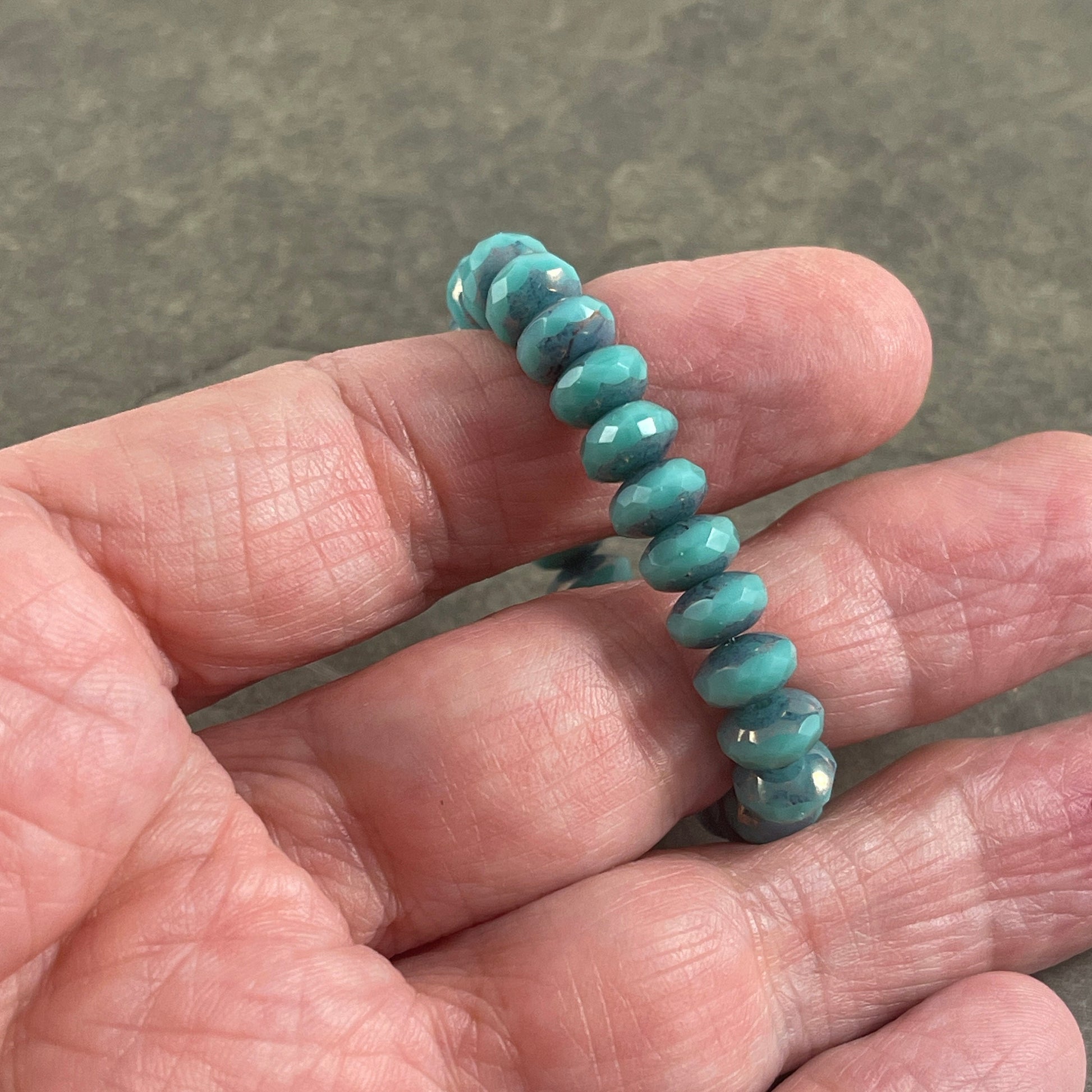 Czech Glass Beads - 7x5mm Faceted Rondelle, Turquoise Blue with Bronze Picasso (R7/RJ-2755) * Qty. 25