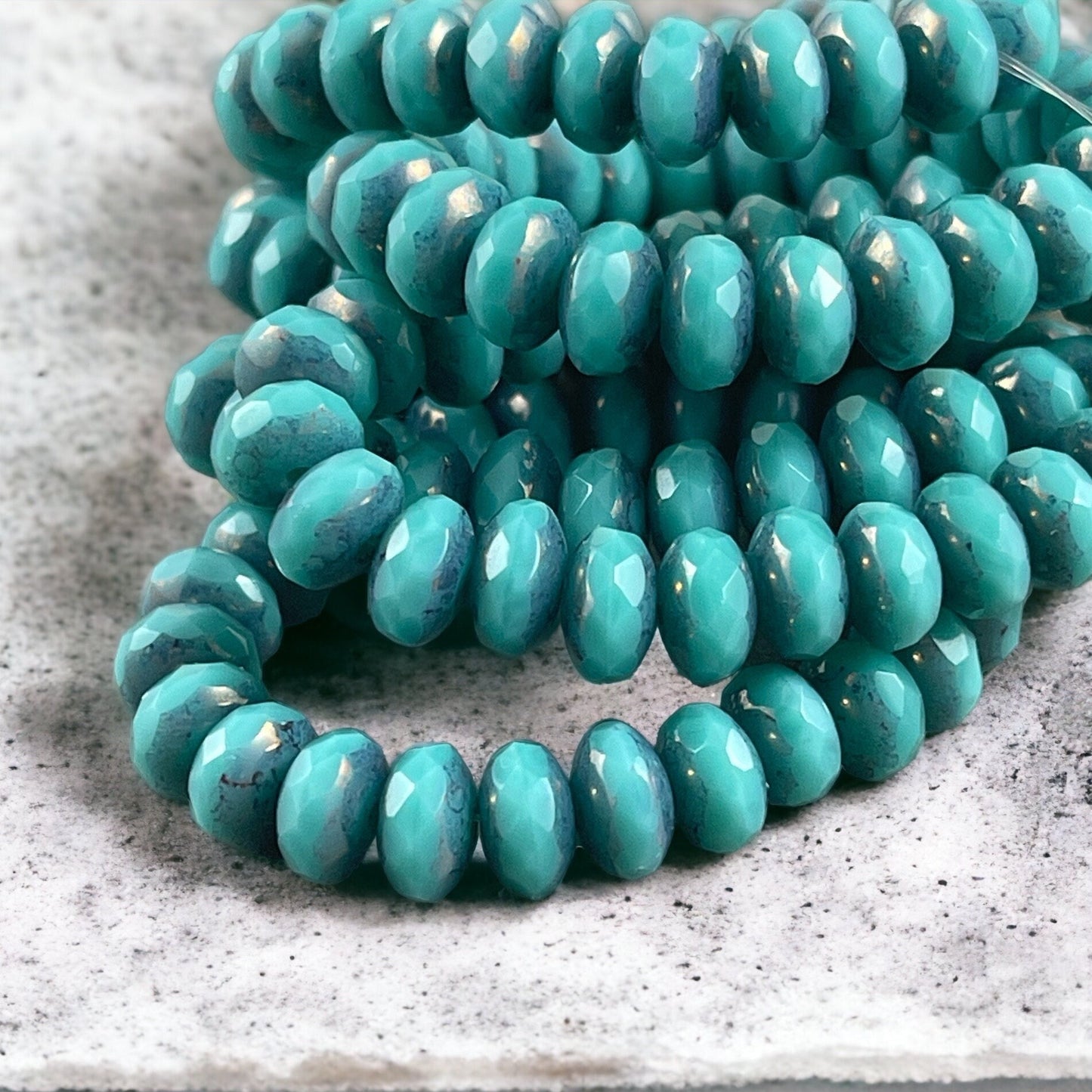 Czech Glass Beads - 7x5mm Faceted Rondelle, Turquoise Blue with Bronze Picasso (R7/RJ-2755) * Qty. 25