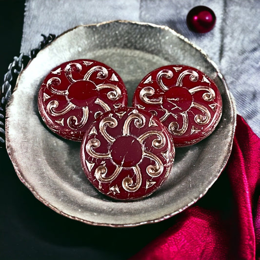 Czech Glass Beads - 23mm Sun Coin, Dark Red Opaline with Platinum Wash (C23/RJ-4784) *