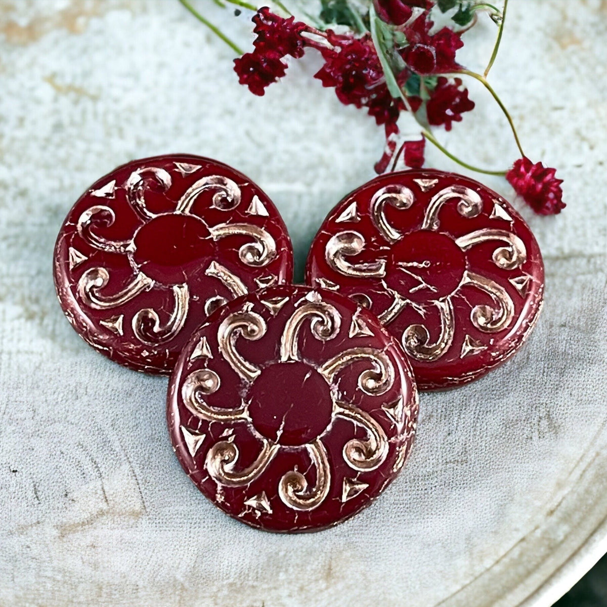Czech Glass Beads - 23mm Sun Coin, Dark Red Opaline with Platinum Wash (C23/RJ-4784) *