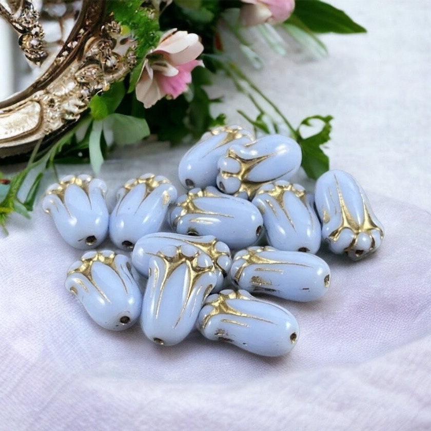 Czech Glass Beads - Opaque Light Blue Flower with Gold Wash, 12x8mm Lily Bud, Light Blue Czech Flower Bead (LBud26) * Qty. 12