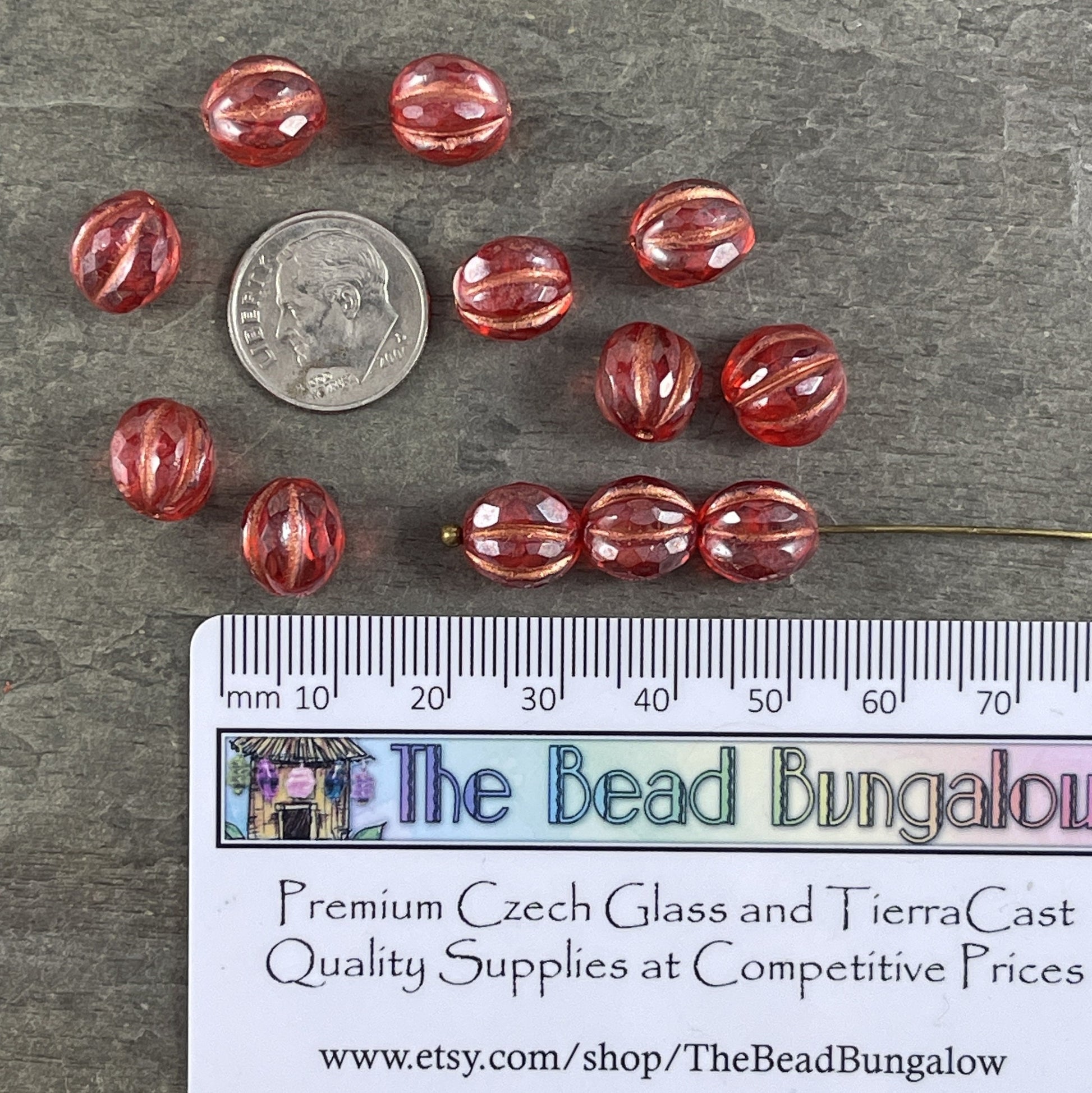 Ruby Red 10mm Faceted Melon with Luster Finish and Copper Wash ~ Czech Glass Beads 10mm Red Beads (FM10-1770) * Qty. 6