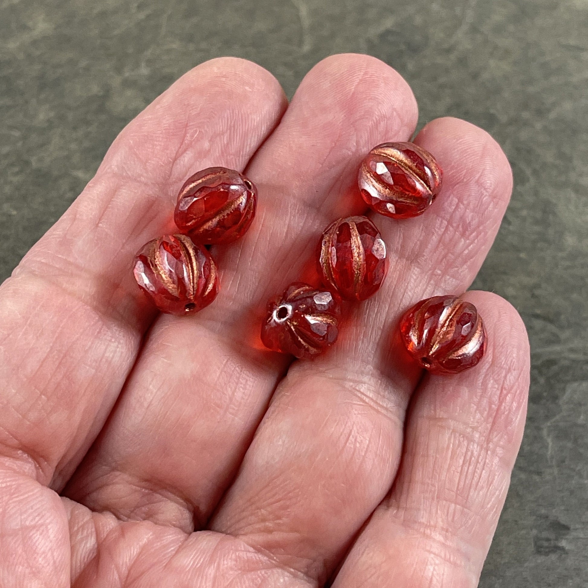 Ruby Red 10mm Faceted Melon with Luster Finish and Copper Wash ~ Czech Glass Beads 10mm Red Beads (FM10-1770) * Qty. 6