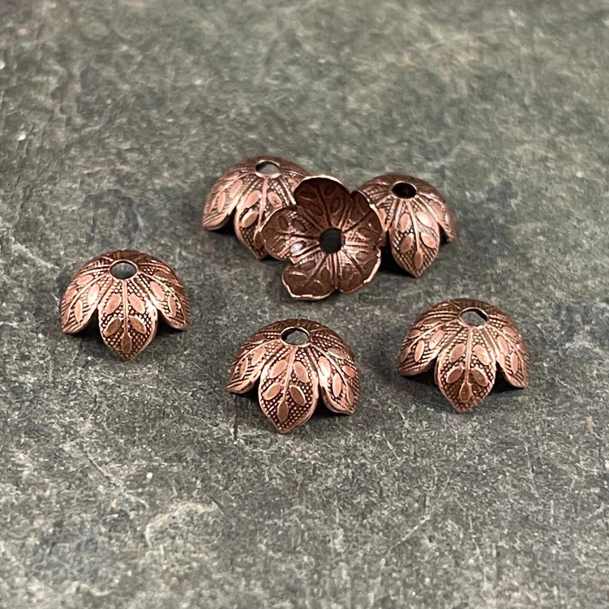 Antiqued Copper 8mm Leaf Embossed Bead Caps, Copper Floral Bead Caps (X308A)