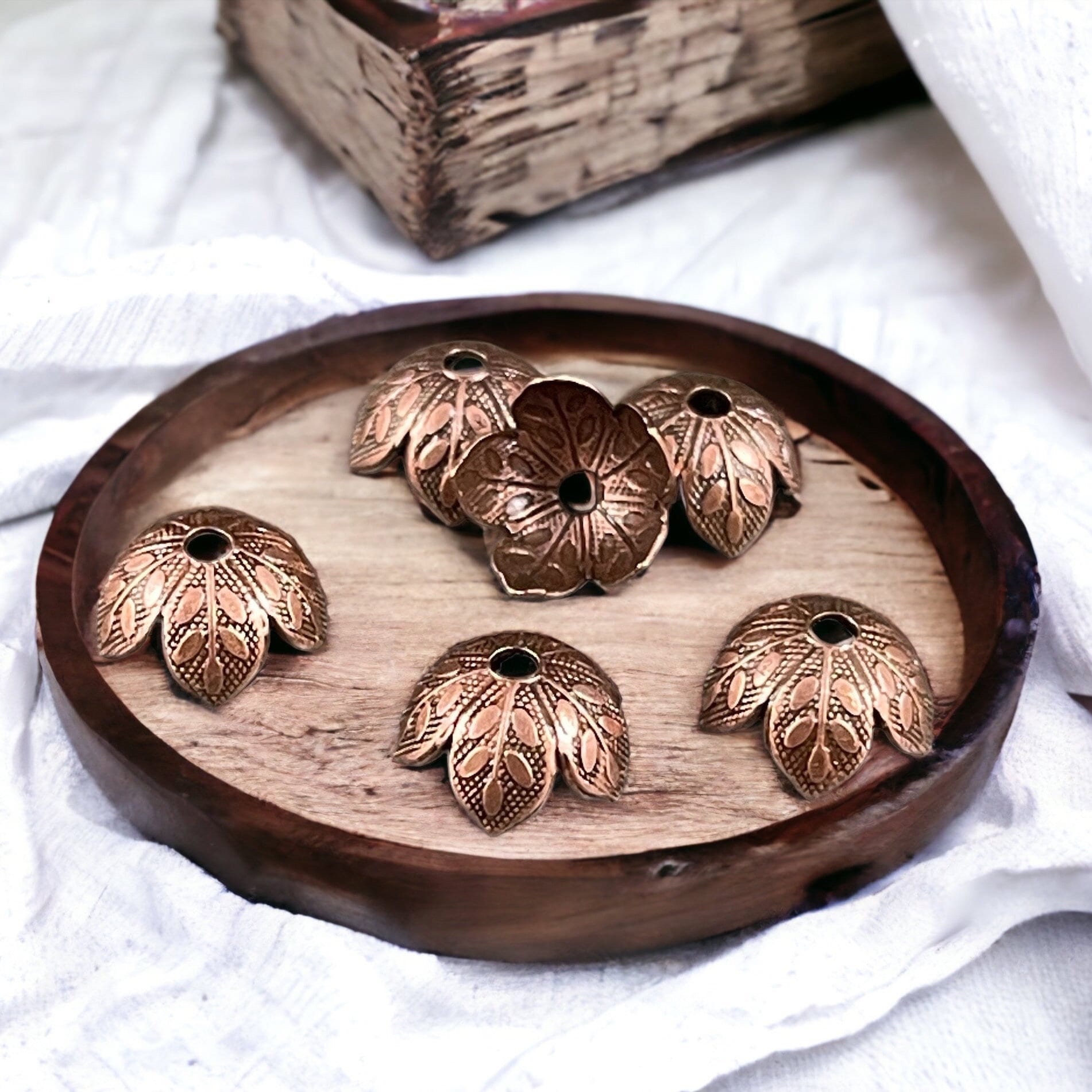 Antiqued Copper 8mm Leaf Embossed Bead Caps, Copper Floral Bead Caps (X308A)