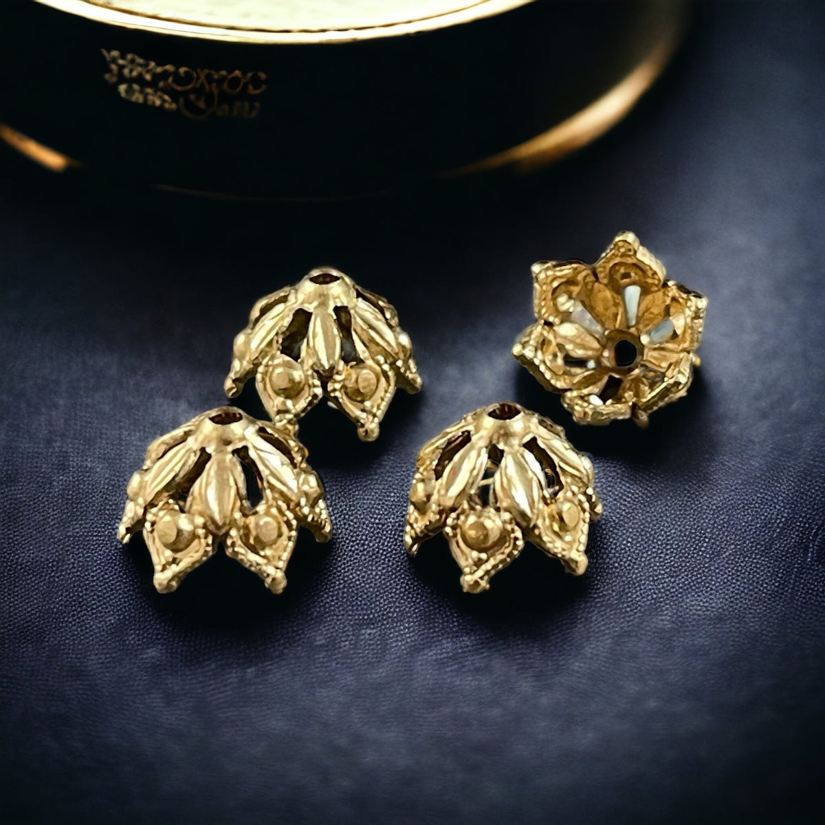 10mm Brass Bead Caps, Raw Brass Gold Gothic Style Bead Caps, Ornate Victorian Bead Caps, Bright Gold Bead Caps (VJS/L27r) * Qty. 4