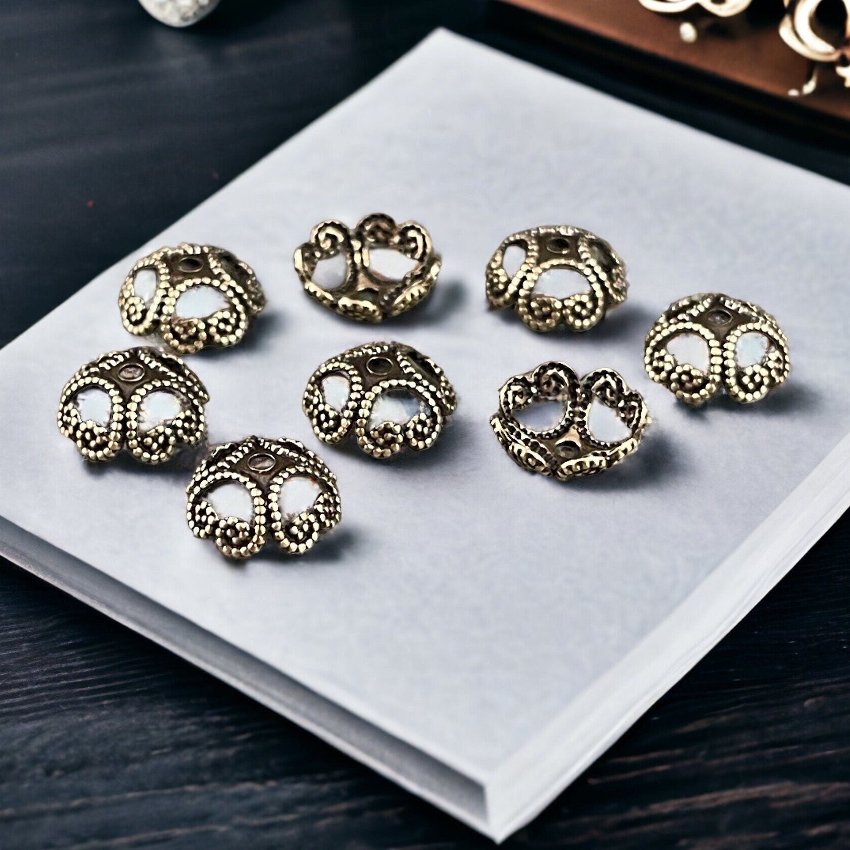 8mm Oxidized Brass Open Filigree Bead Caps ~ Victorian Style Antiqued Gold Bead Caps (VJS-R04) *