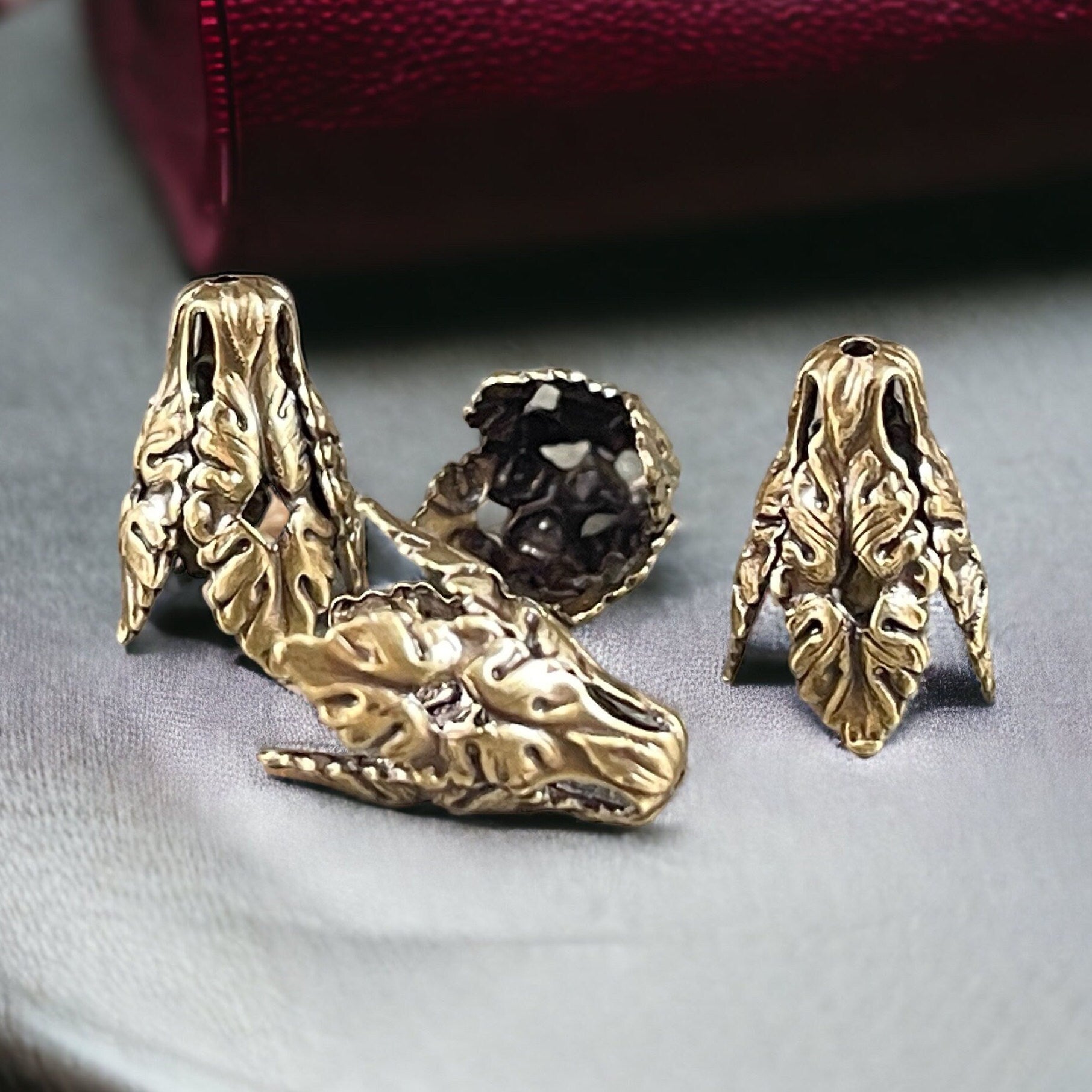 Expandable Oxidized Brass Leaf Design Bead Caps, Ornate Victorian Cone Shaped Bead Caps (W265) * Qty. 4