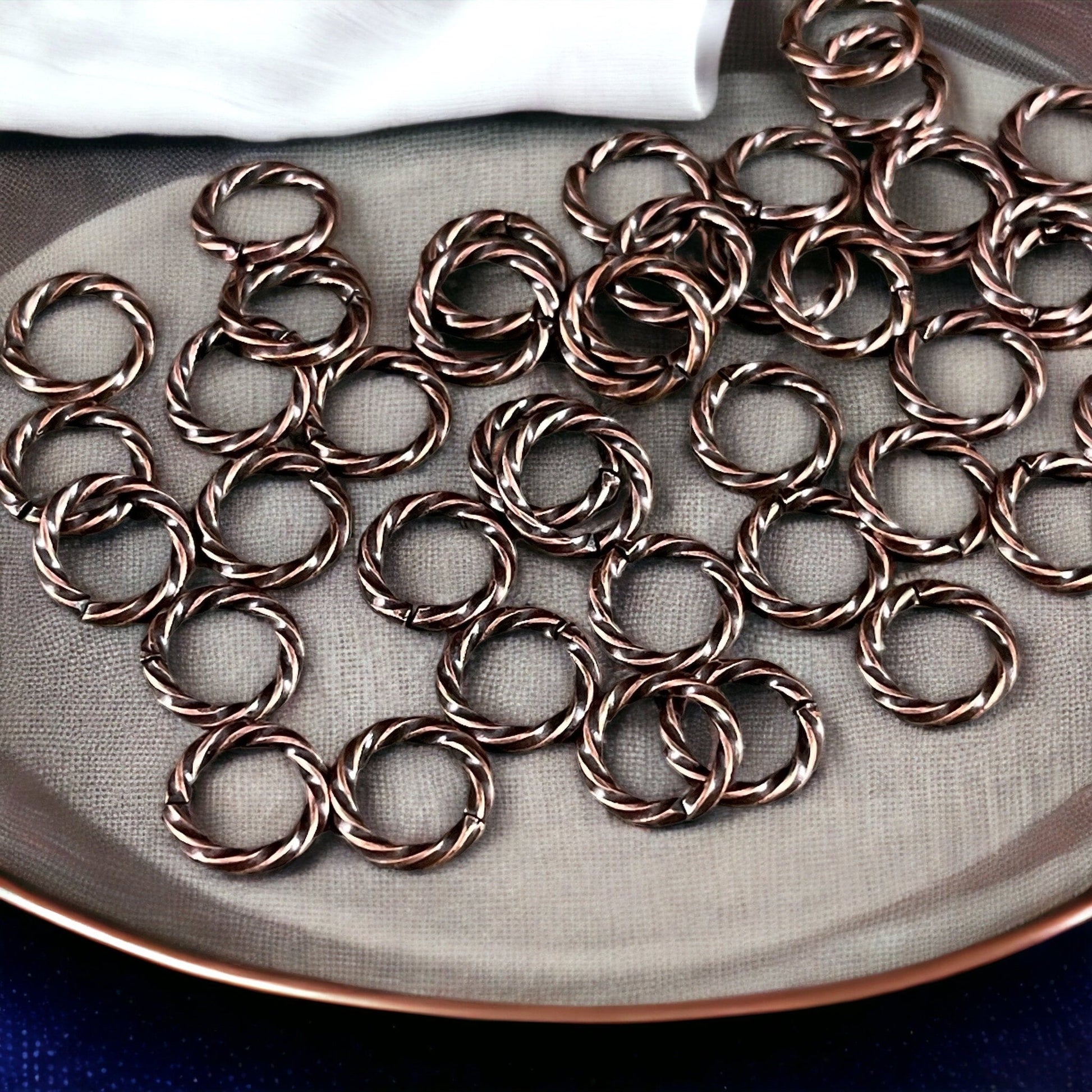 8mm Antiqued Copper Twisted Jumprings, 16 gauge Decorative Open Jump Rings, Round Copper Jump Rings (FM/5034) * Qty. 100
