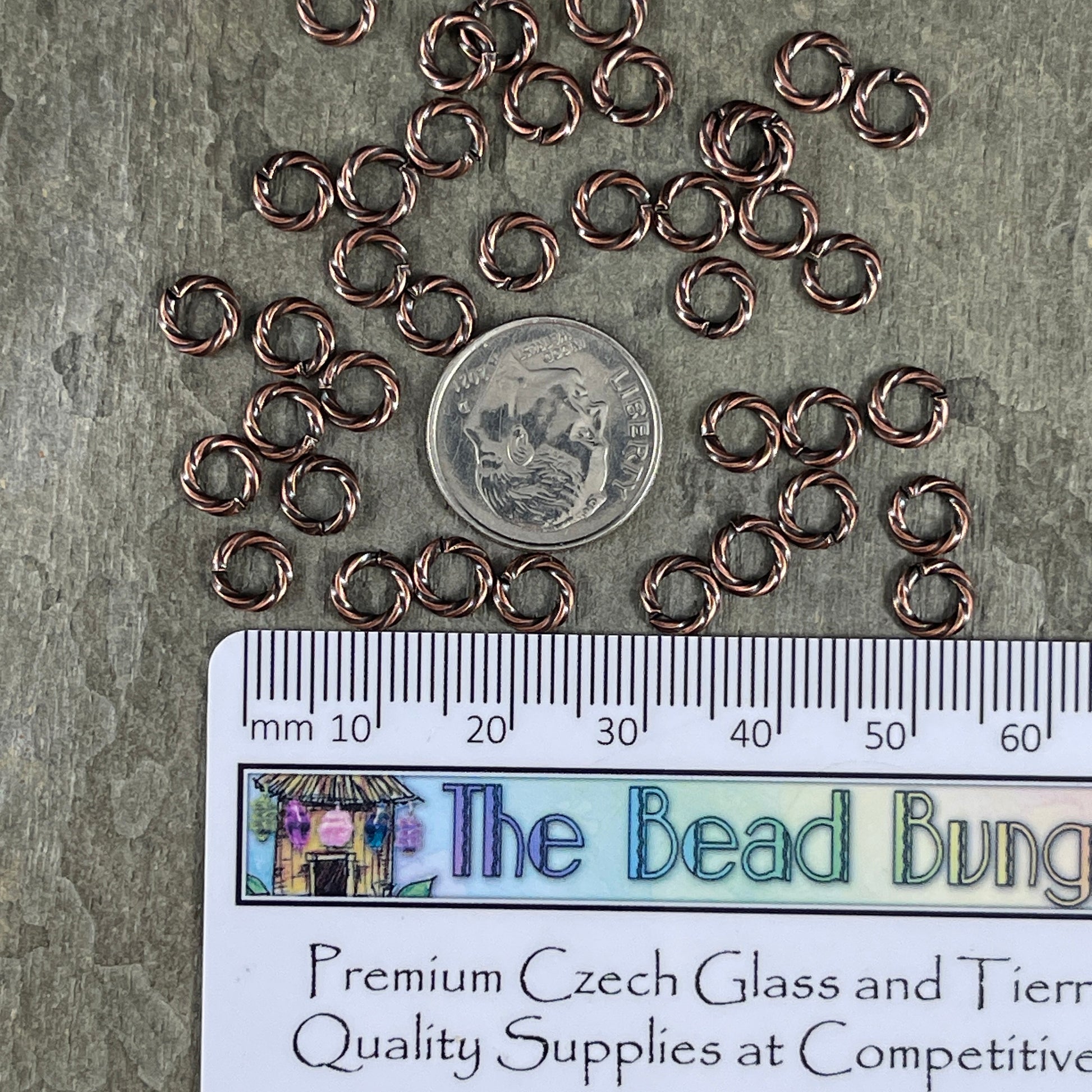 6mm Twisted Jump Rings, 16g Antiqued Copper Decorative Open Jump Rings (5044) * Qty. 100