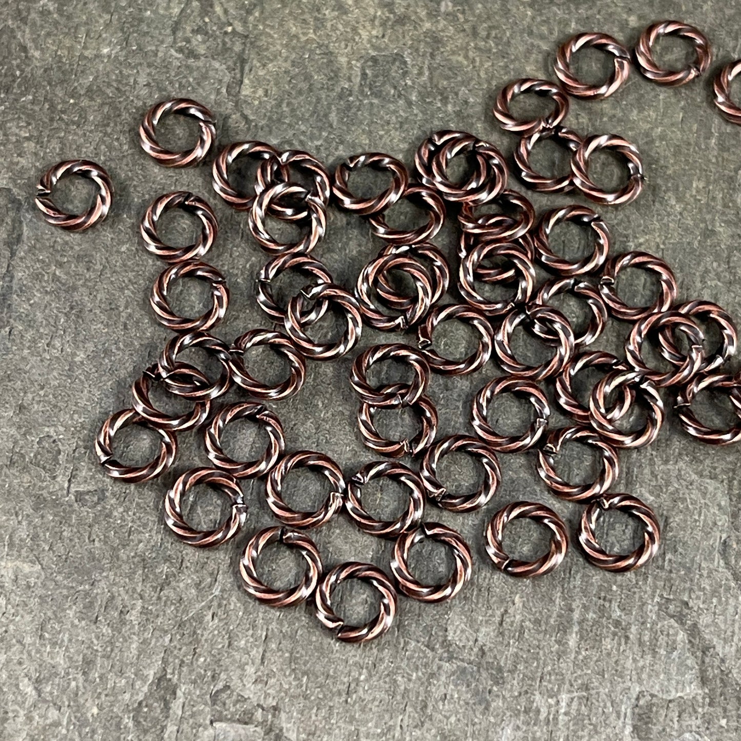 6mm Twisted Jump Rings, 16g Antiqued Copper Decorative Open Jump Rings (5044) * Qty. 100