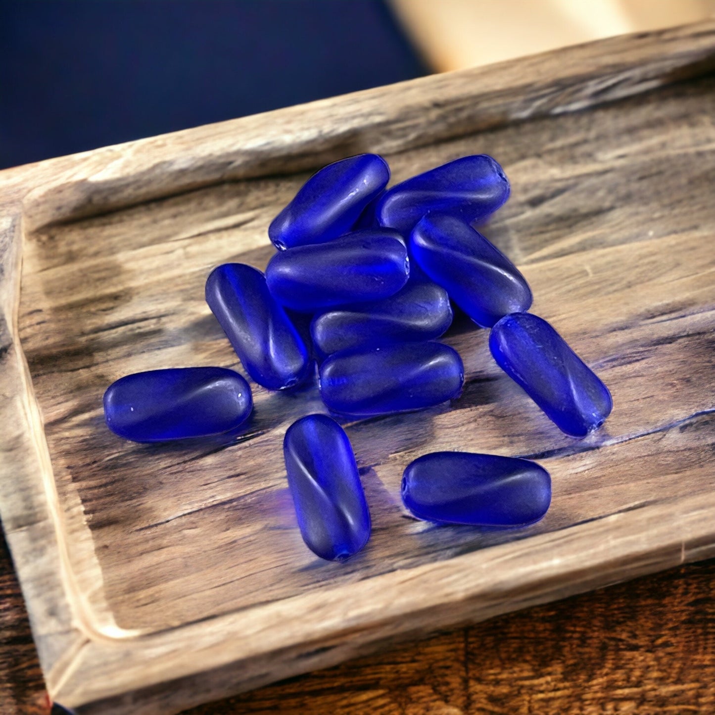 Czech Glass Beads - Cobalt Blue 14x6mm Twisted Oval Beads, Matte Finish Cobalt Blue Bead (SPI/RJ-1717) * Qty. 12