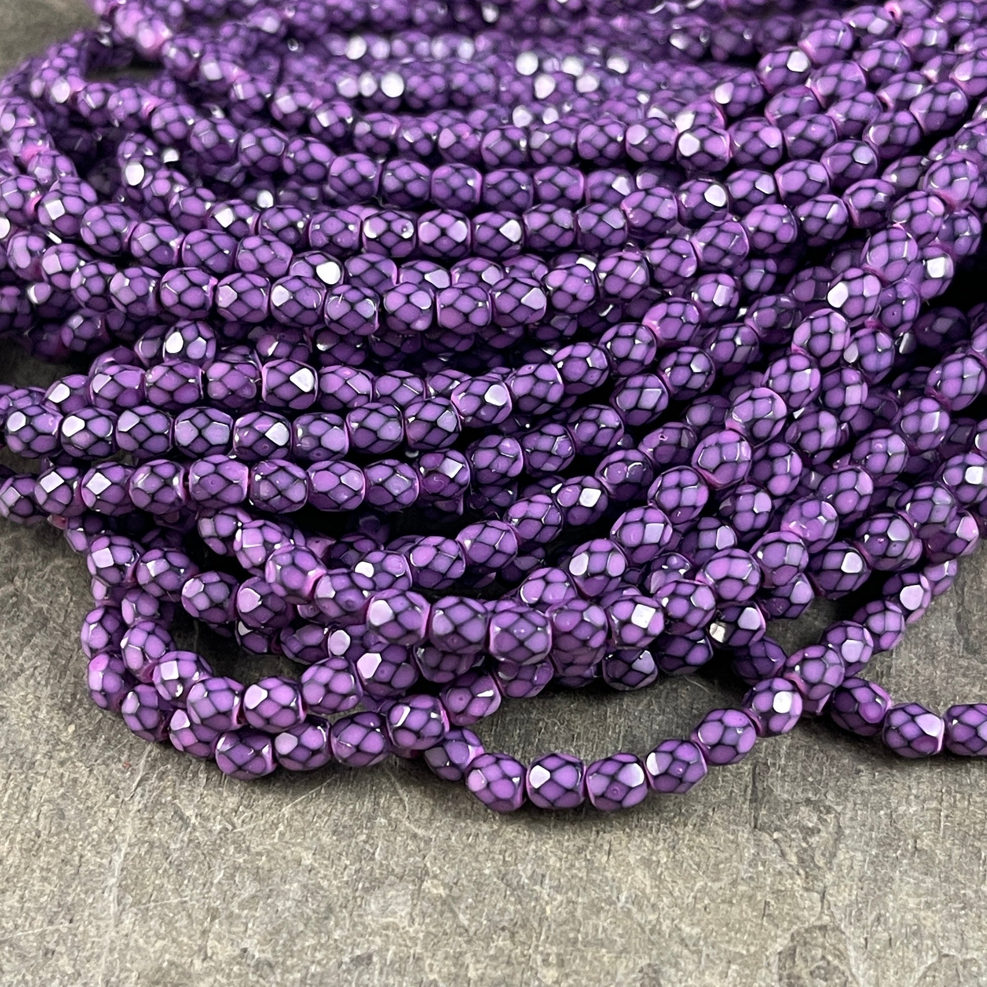 4mm Purple and Black Faceted Round Czech Glass Beads ~ Purple and Black Serpentine Design Spacer Bead (FP4/RJ-1884) * Qty. 50