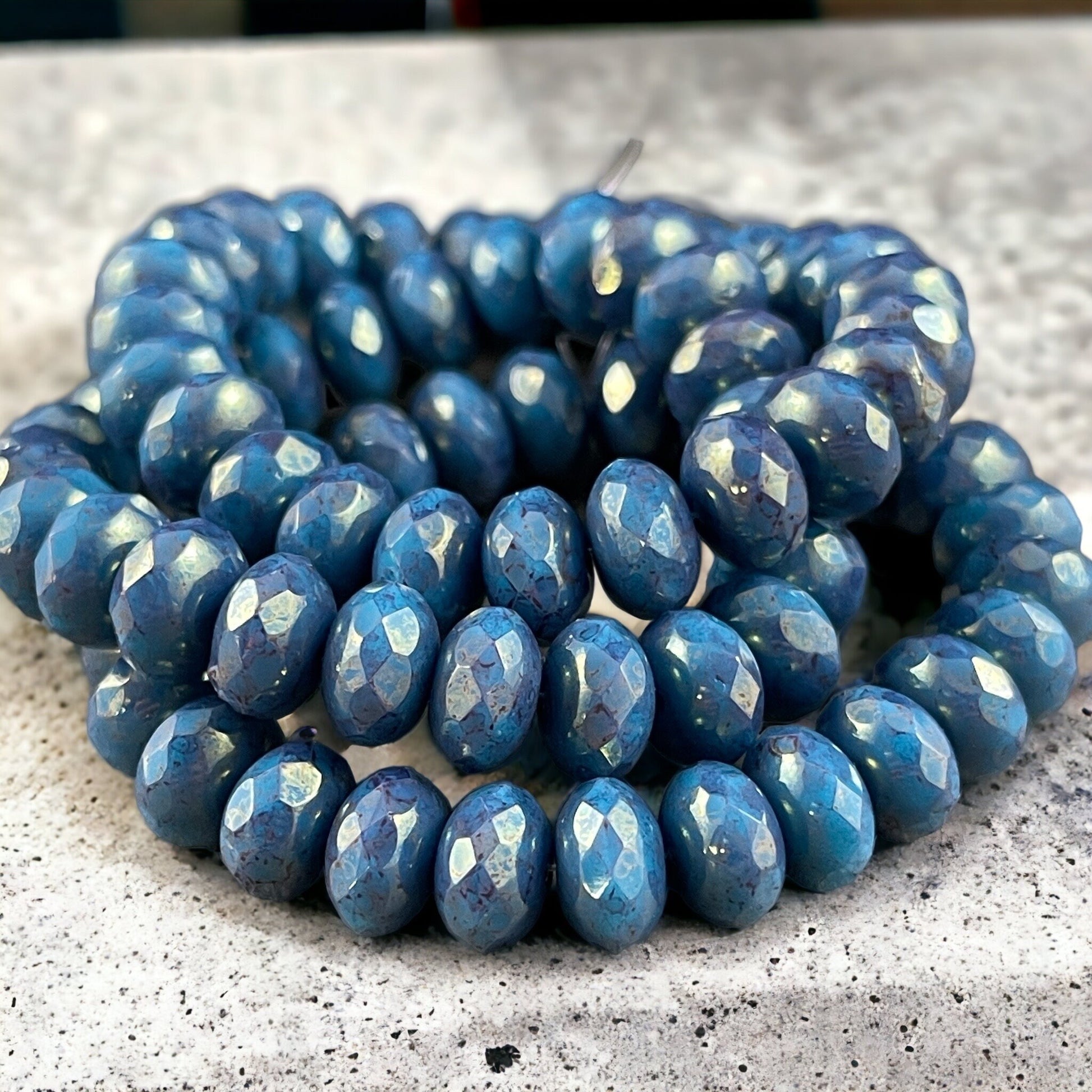 Denim Blue Rondelles 8x6mm Rondelle Czech Glass Beads - Teal Turquoise with Purple Marbled Picasso Finish (R8/RJ-2731) *