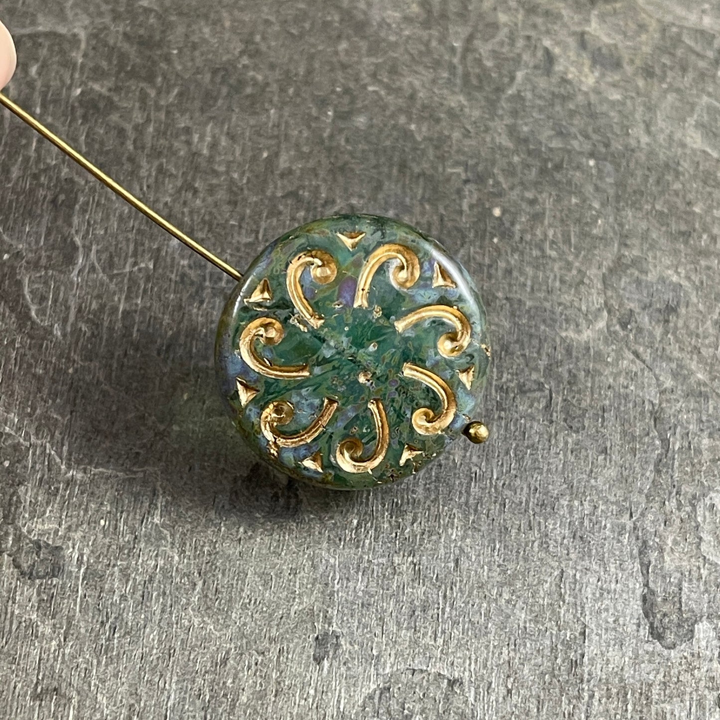 Czech Glass Beads - 23mm Sun Wheel Coin, Transparent Aqua Picasso with Gold Wash (C23/RJ-4779) *