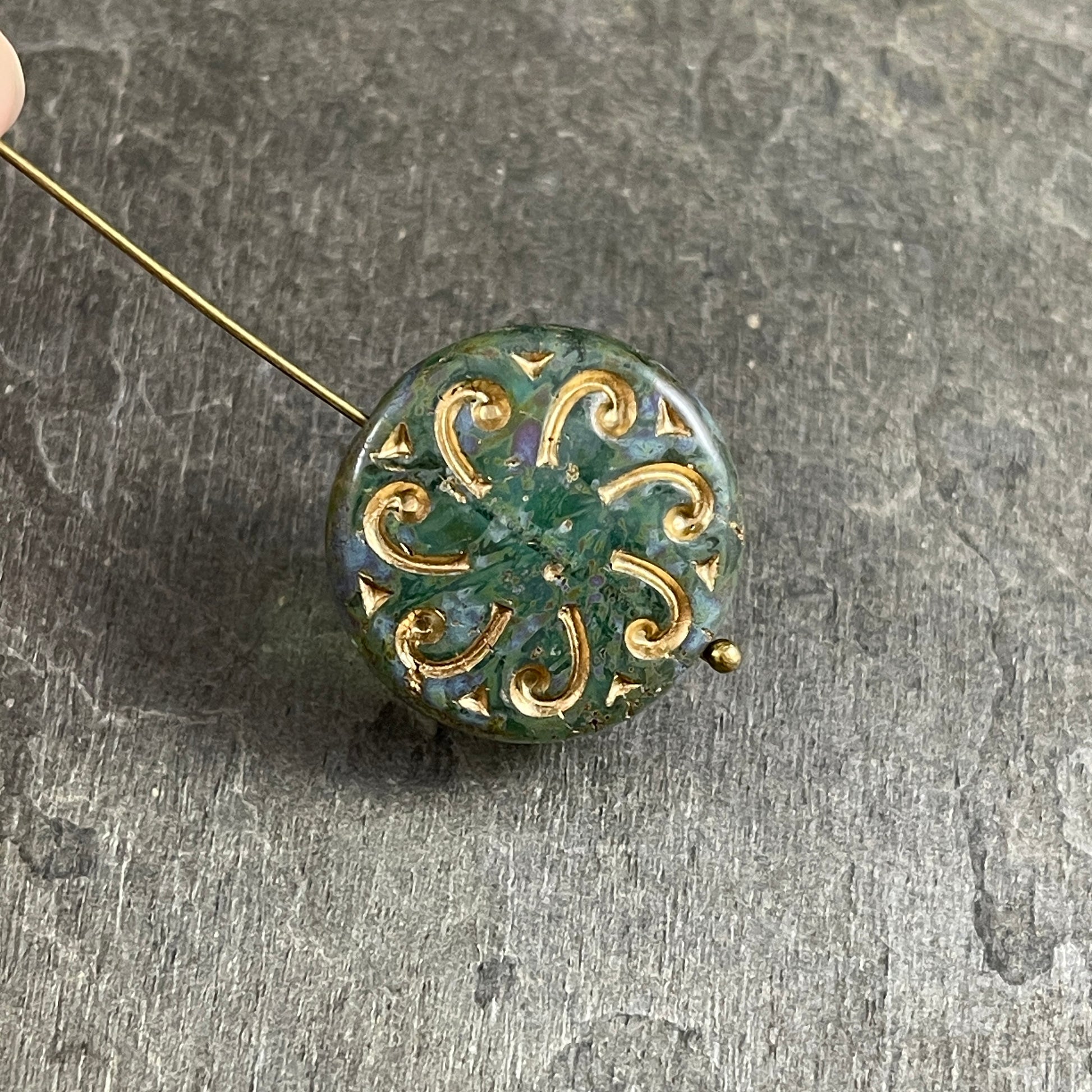 Czech Glass Beads - 23mm Sun Wheel Coin, Transparent Aqua Picasso with Gold Wash (C23/RJ-4779) *
