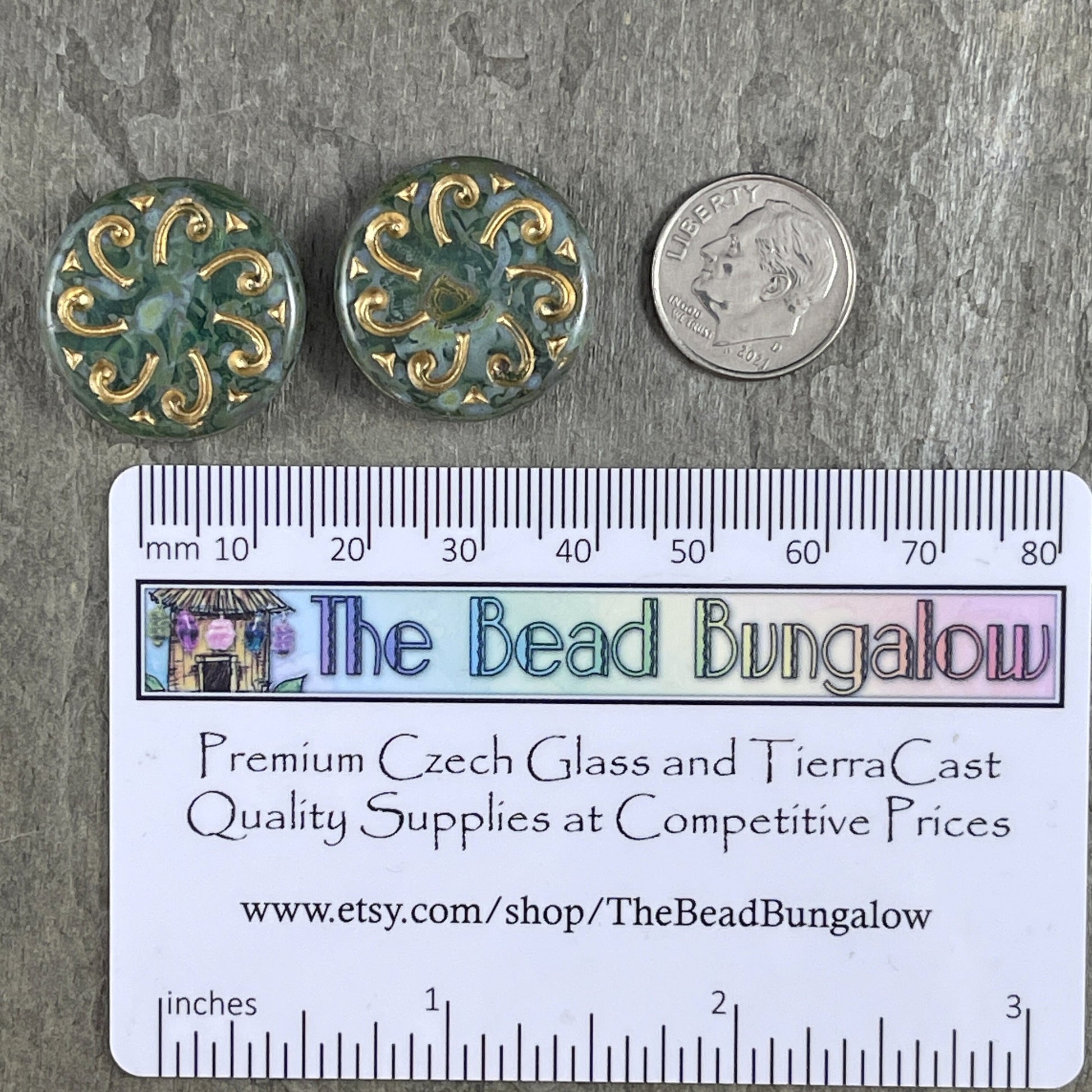 Czech Glass Beads - 23mm Sun Wheel Coin, Transparent Aqua Picasso with Gold Wash (C23/RJ-4779) *