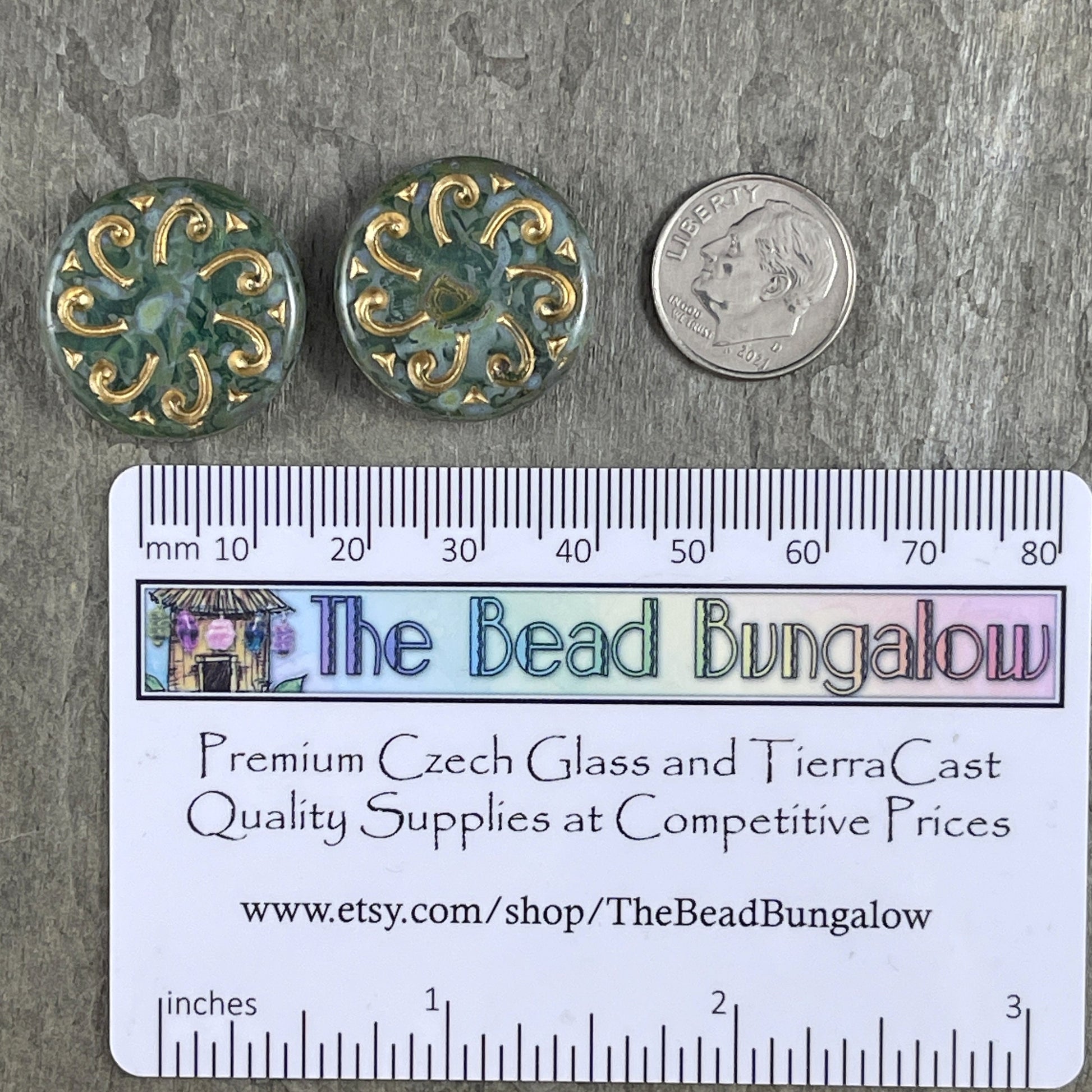 Czech Glass Beads - 23mm Sun Wheel Coin, Transparent Aqua Picasso with Gold Wash (C23/RJ-4779) *