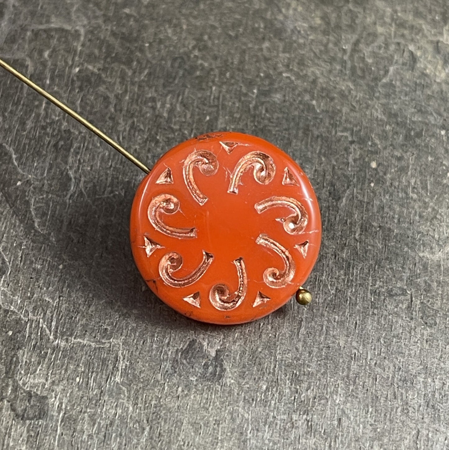 Czech Glass Beads - Sun Coin, 23mm Glass Beads Orange Opaline with Gold Wash Focal Bead (C23/RJ-4782) *