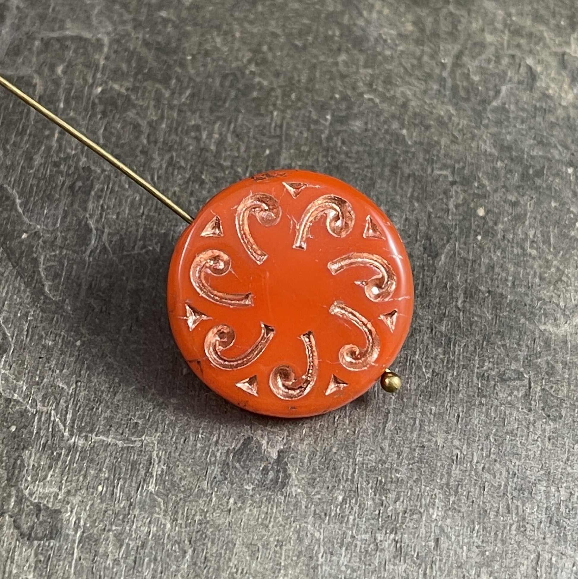 Czech Glass Beads - Sun Coin, 23mm Glass Beads Orange Opaline with Gold Wash Focal Bead (C23/RJ-4782) *