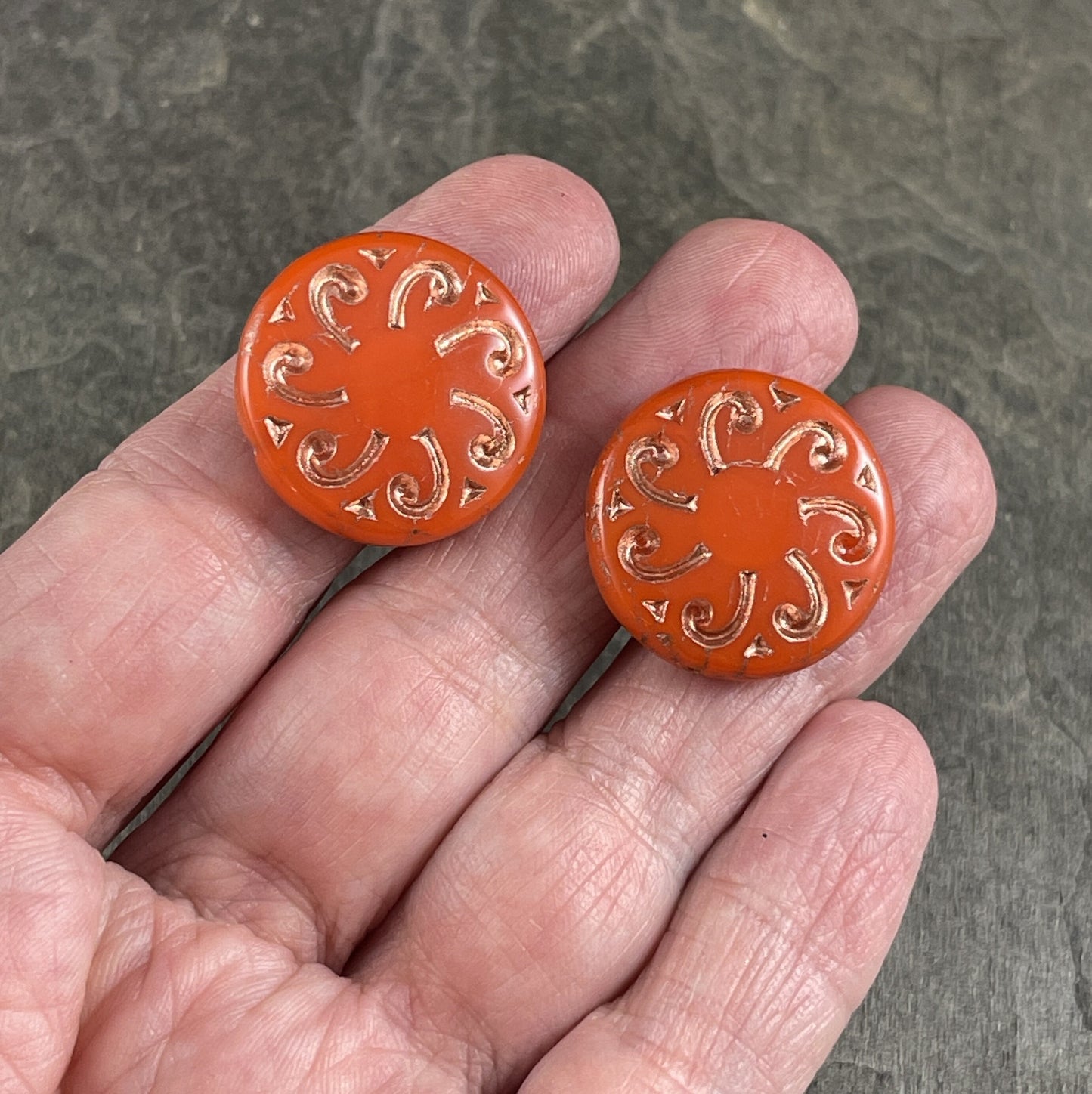 Czech Glass Beads - Sun Coin, 23mm Glass Beads Orange Opaline with Gold Wash Focal Bead (C23/RJ-4782) *