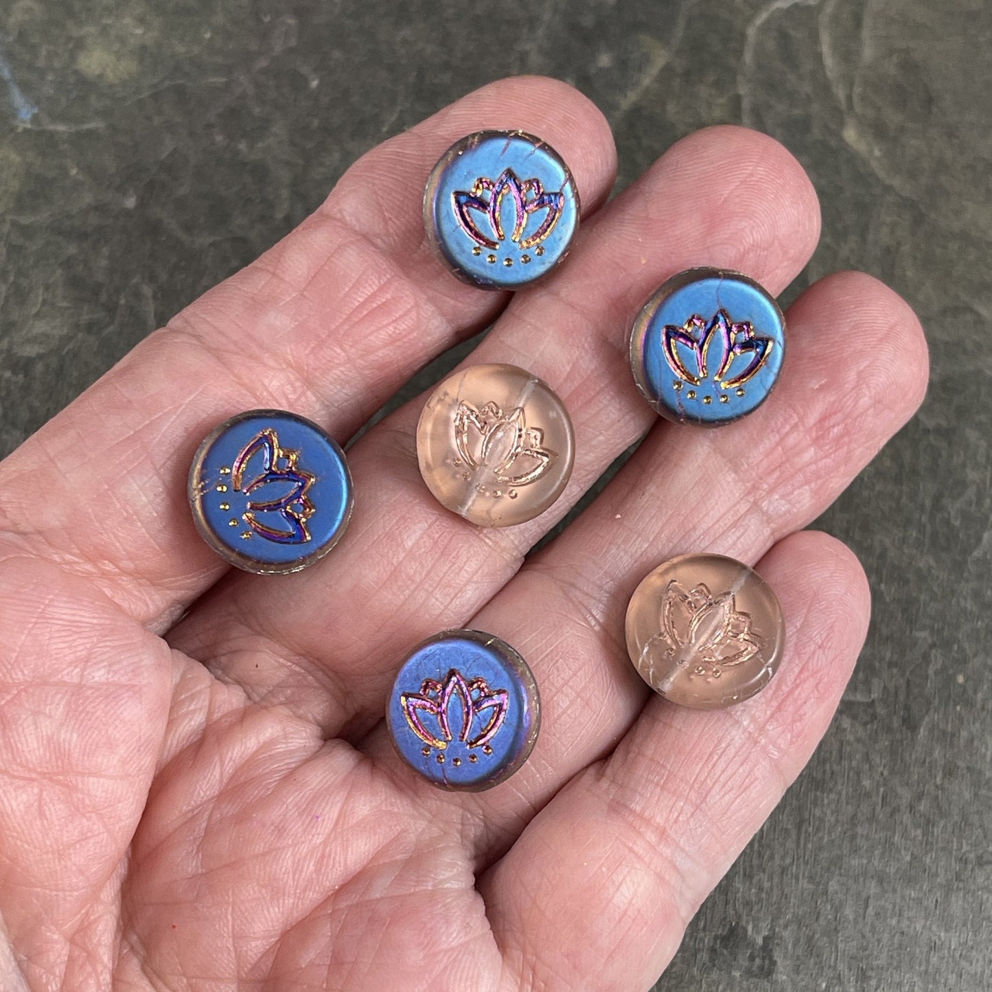 Czech Glass Beads - 14mm Lotus Coin Bead, Pink with Purple/Orange Iridescent Finish (RJ-4047) * Qty. 6