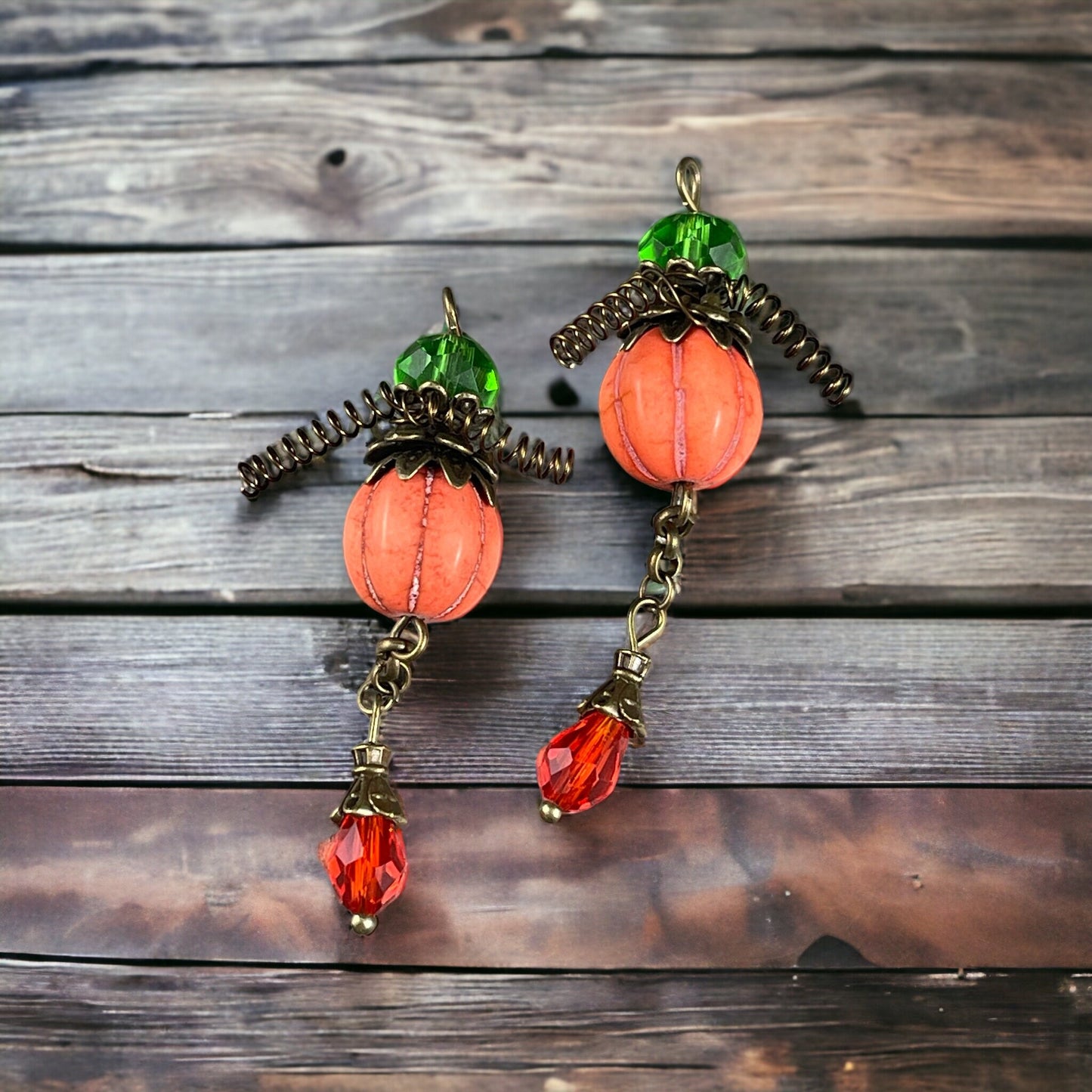 Pumpkin Earring Drops Just add Ear Wires -- 11mm Orange Howlite Melon Bead with Bead Caps and Coordinating Glass Beads - 1 Set