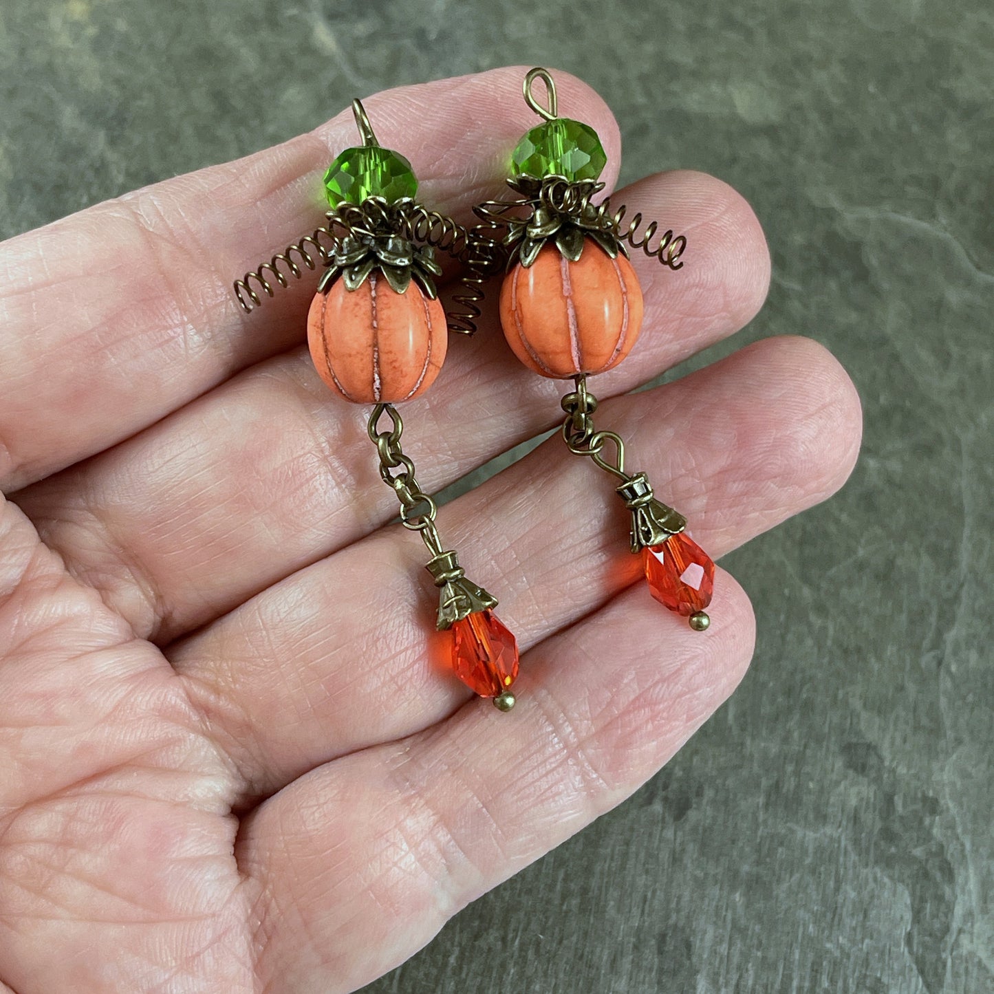 Pumpkin Earring Drops Just add Ear Wires -- 11mm Orange Howlite Melon Bead with Bead Caps and Coordinating Glass Beads - 1 Set