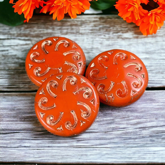 Czech Glass Beads - Sun Coin, 23mm Glass Beads Orange Opaline with Gold Wash Focal Bead (C23/RJ-4782) *