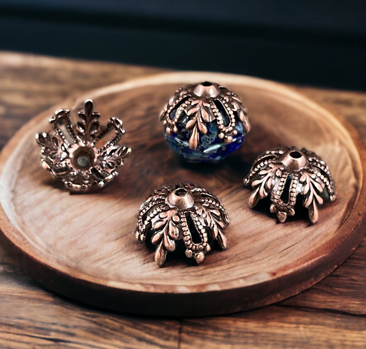 12mm Antiqued Copper Floral Filigree Bead Caps ~ Ornate Victorian Bead Caps (VJS/X150) * Qty. 4